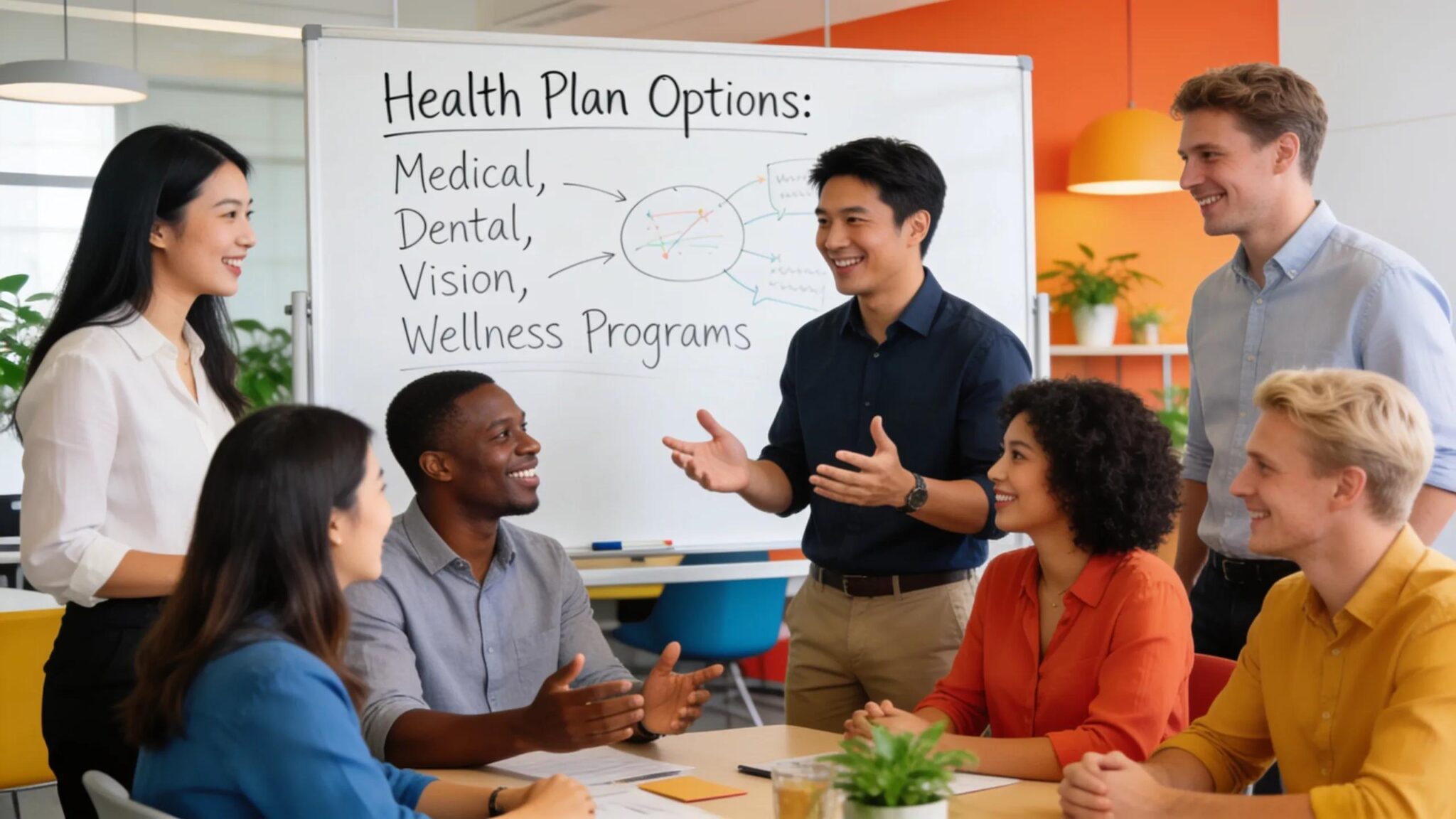 Diverse professionals collaborating on employee benefits in a modern office