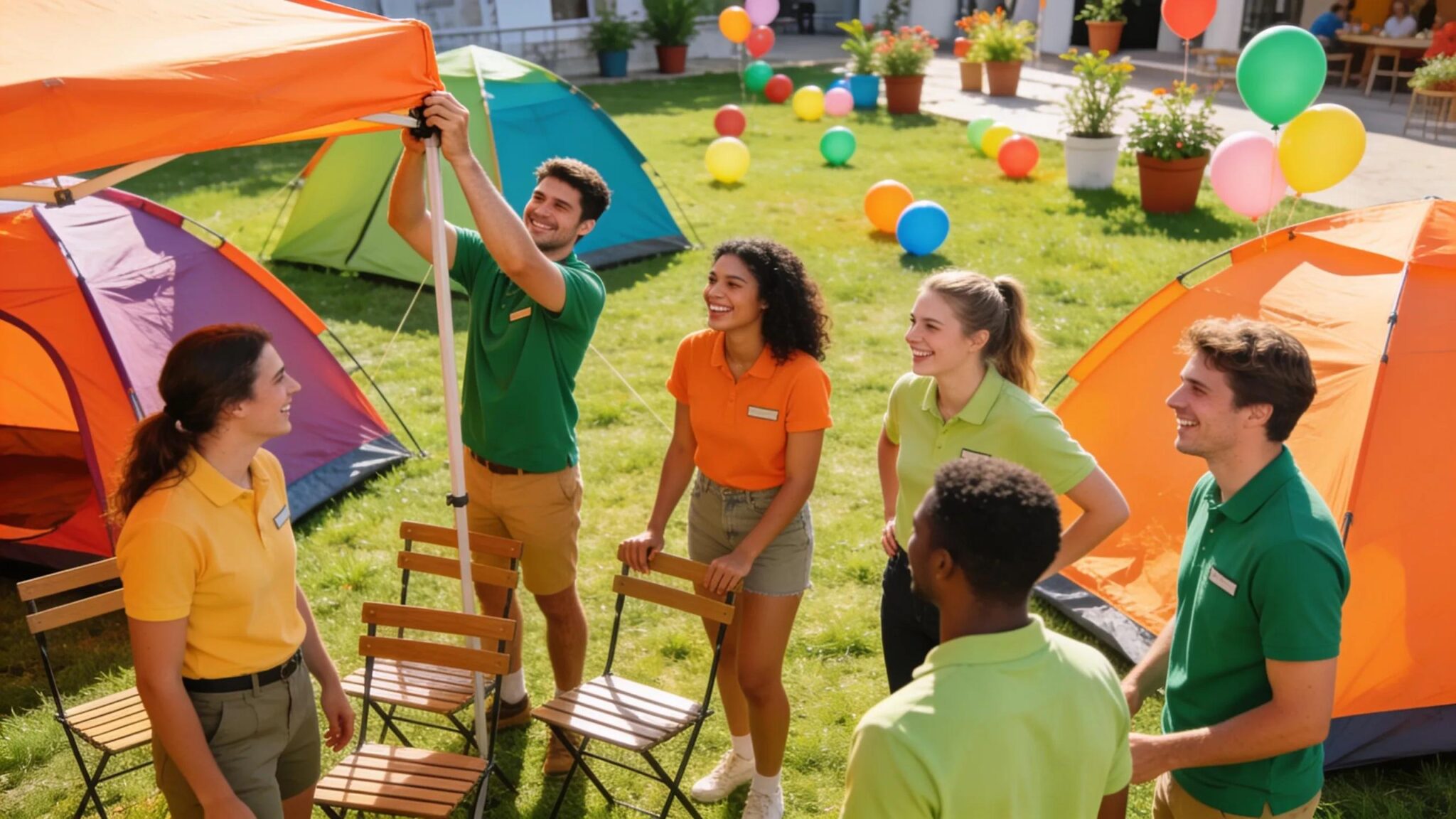 Seasonal employees collaborating in an outdoor workplace environment