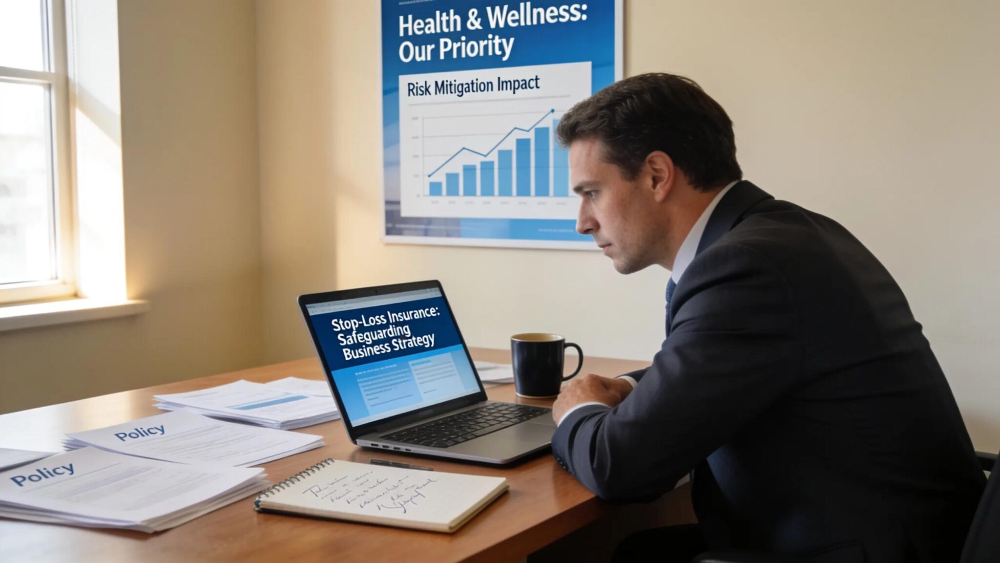 Healthcare executive reviewing stop-loss insurance benefits and risk management at a desk
