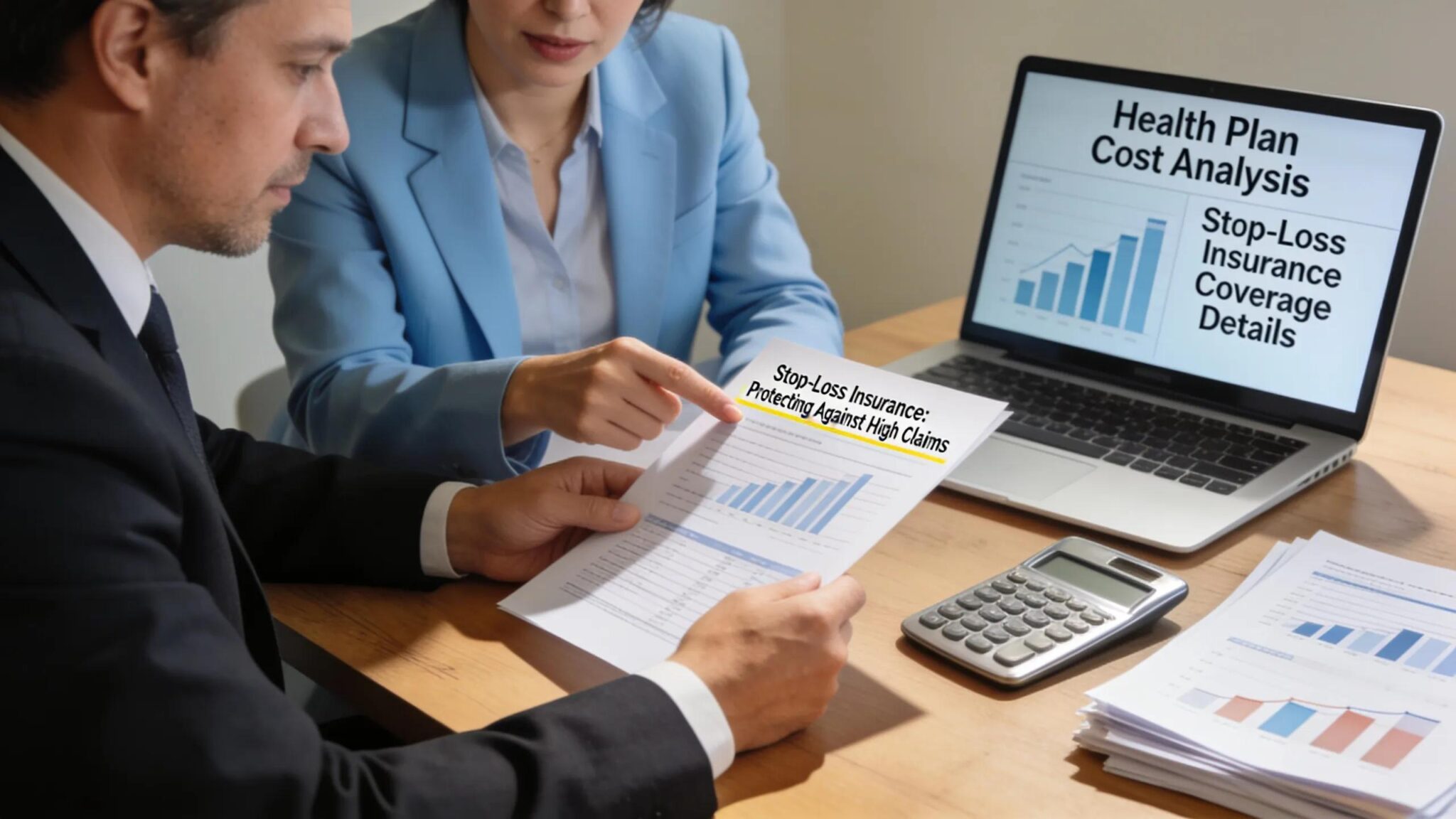 Employer consulting with financial advisor about stop-loss insurance and health plan strategies