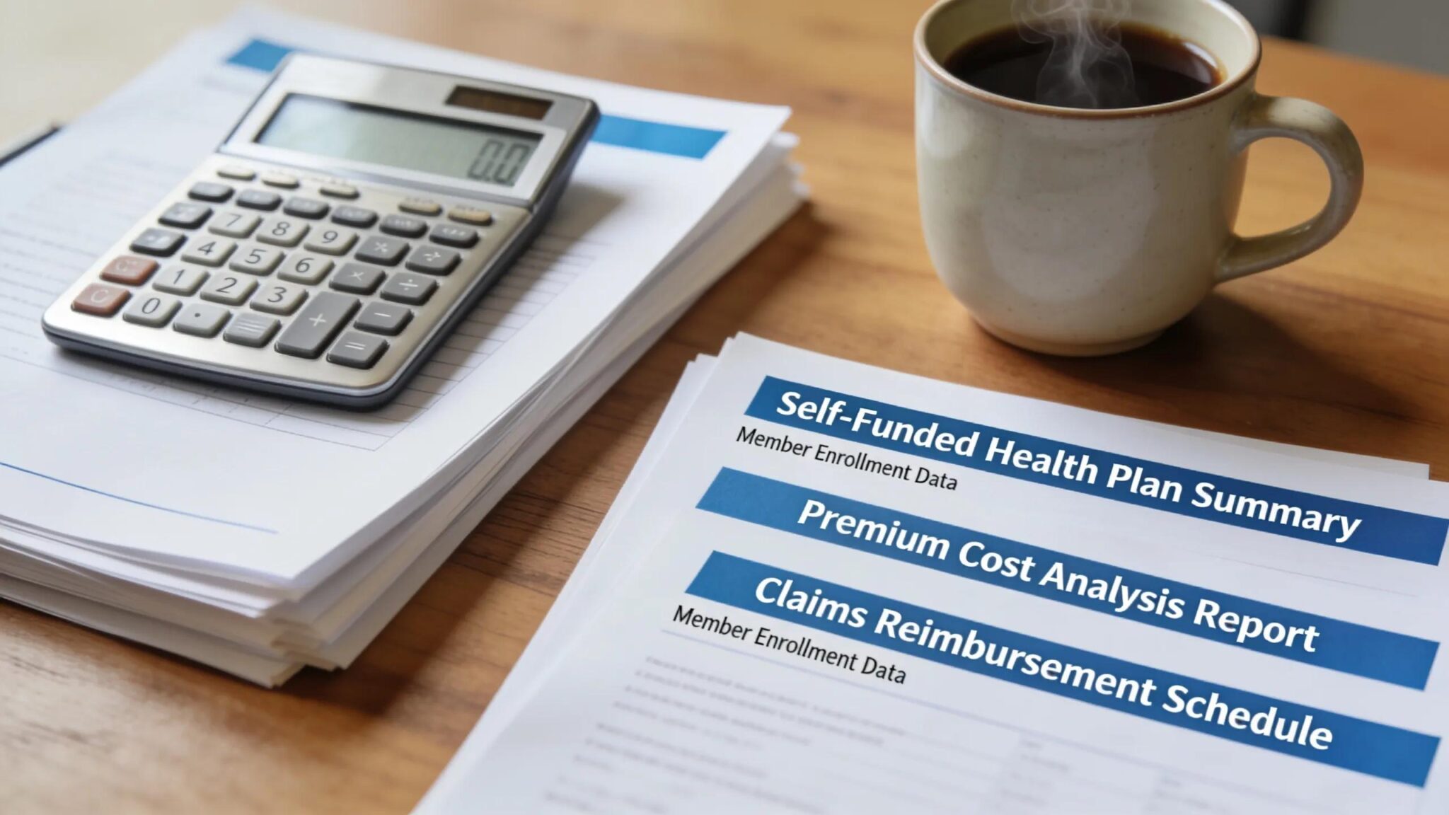 Detailed view of financial analysis related to self-funded health plans on an organized desk
