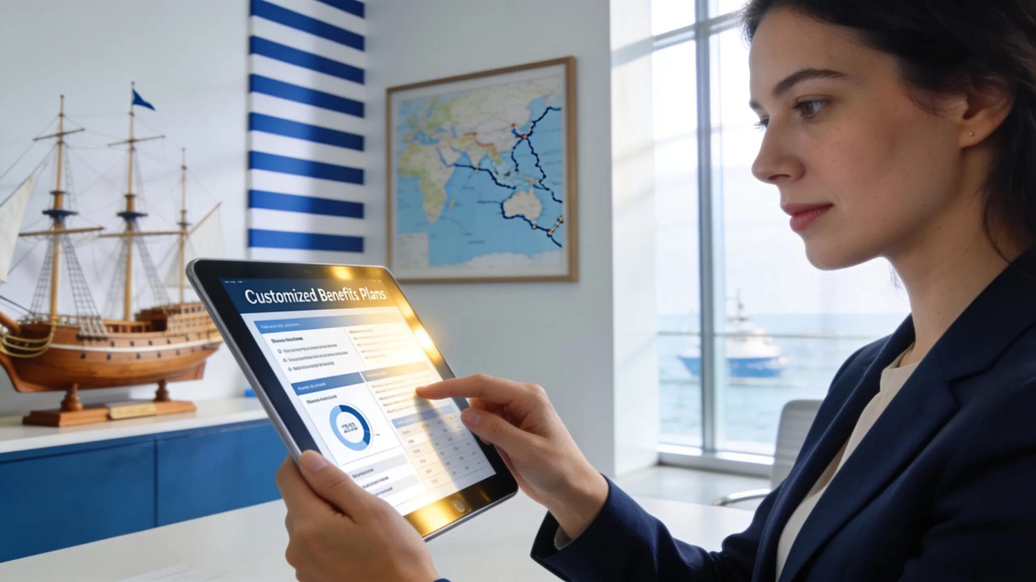 Businesswoman reviewing customizable employee benefits plans in a maritime-themed office, emphasizing flexibility in health benefit options