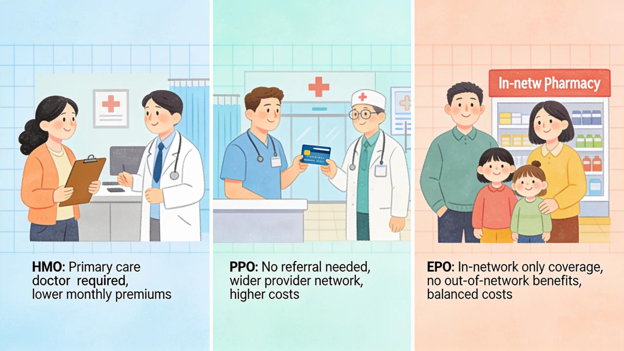 Collage showing various group health insurance types and engaging healthcare activities, emphasizing employee benefit options