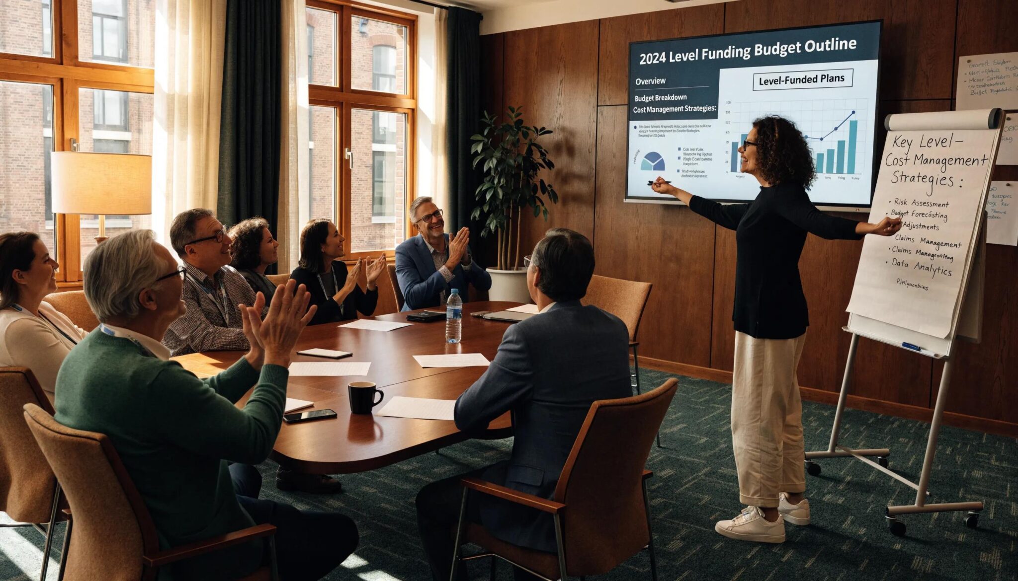 Consultant presenting level-funding strategies to business leaders in a collaborative meeting