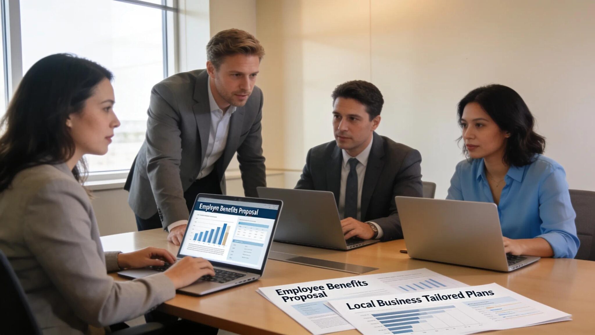 Executives in a modern office discussing tailored employee benefits solutions in West Bloomfield, MI