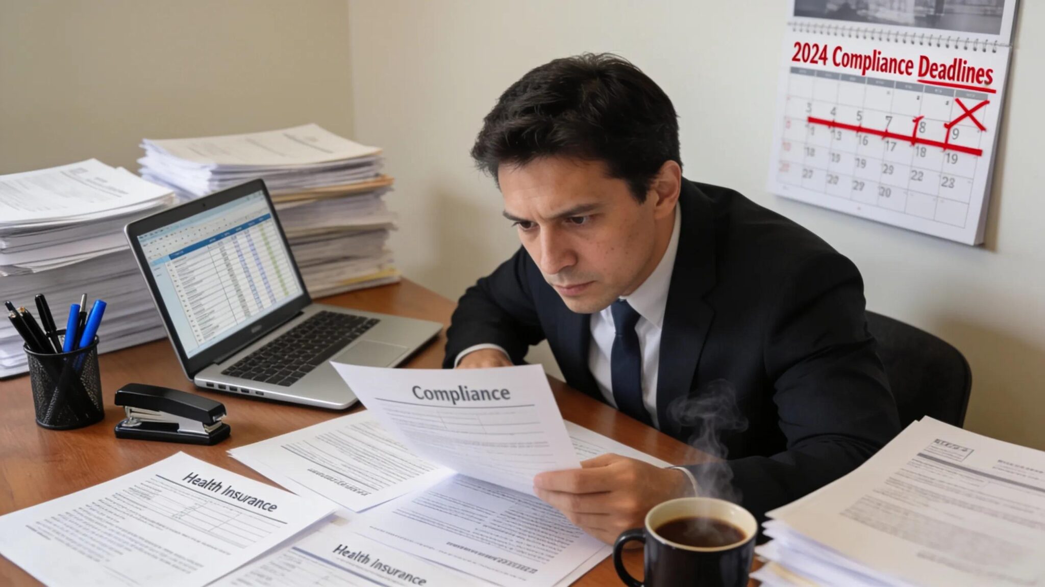 Logistics employer reviewing compliance documents and health insurance policies, emphasizing regulatory diligence