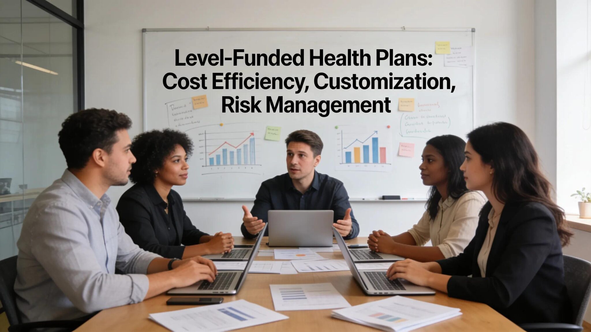 Professionals discussing group health insurance strategies in a modern office