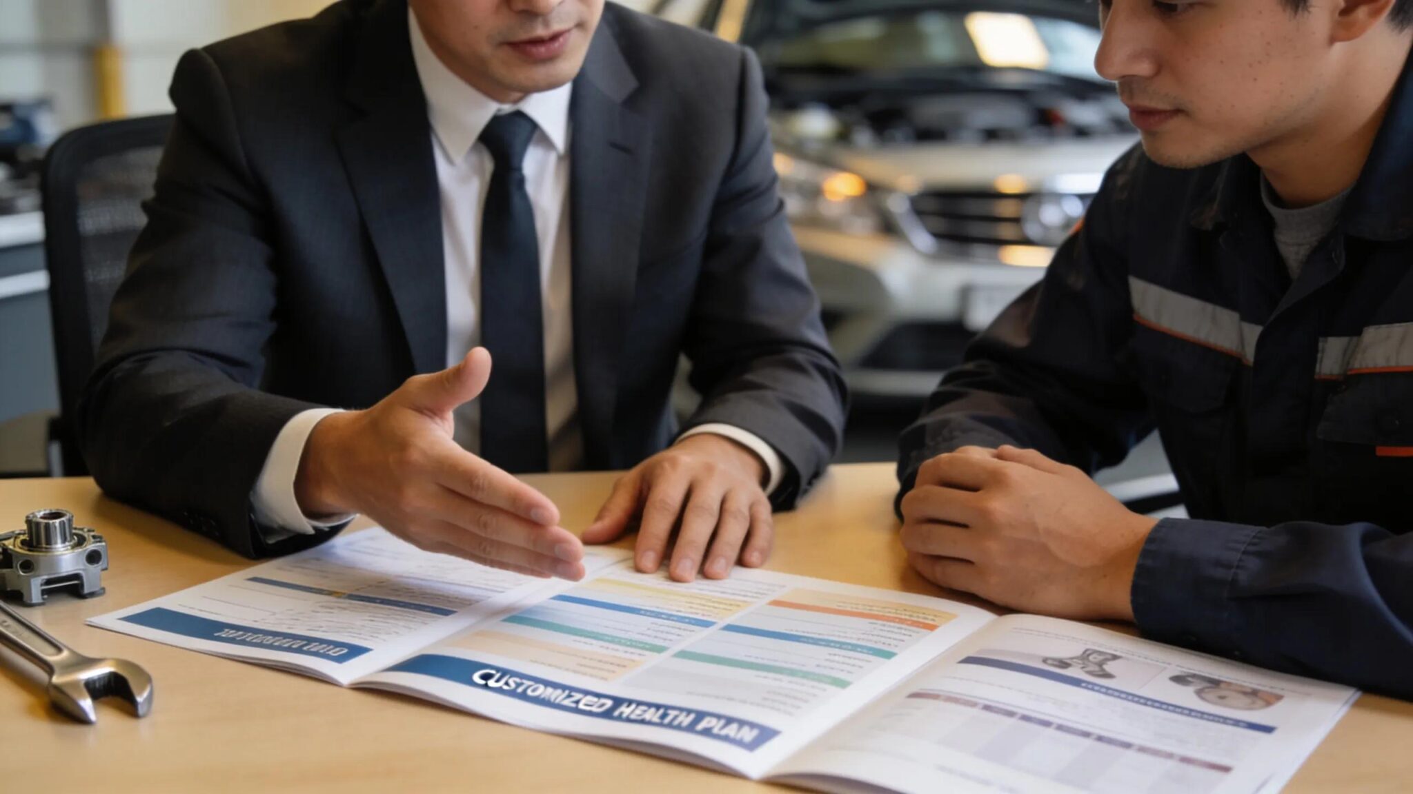 Insurance broker advising automotive employer on custom group health plans amidst automotive tools