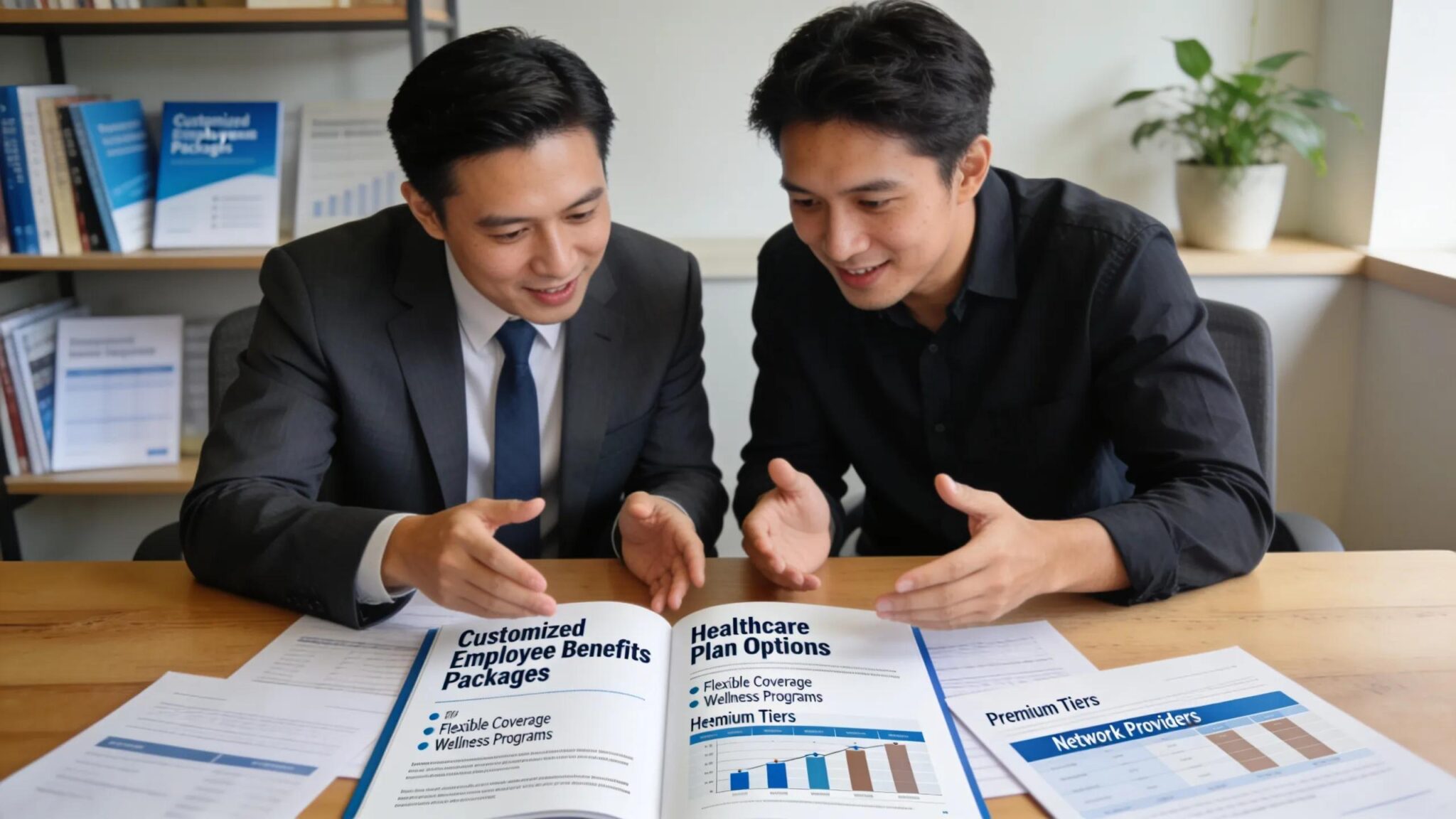 Consultant and business owner discussing customized employee benefits packages, focusing on health, dental, vision, and life insurance options