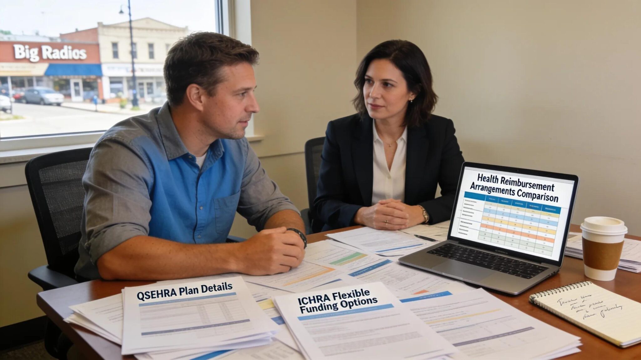 Small business owner discussing QSEHRA and ICHRA options with a consultant