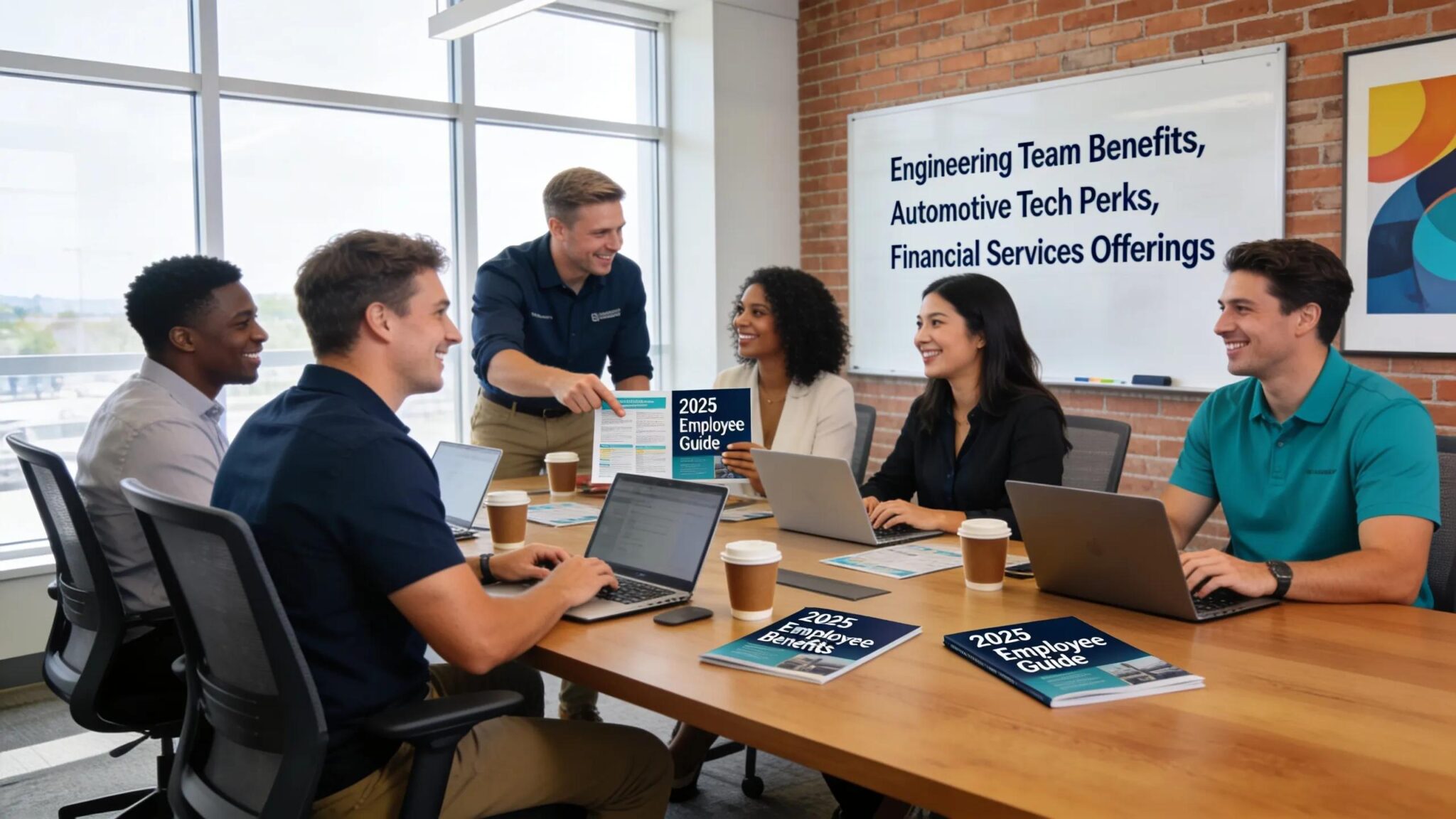 Group of diverse professionals in a modern office discussing employee benefits in Troy, MI