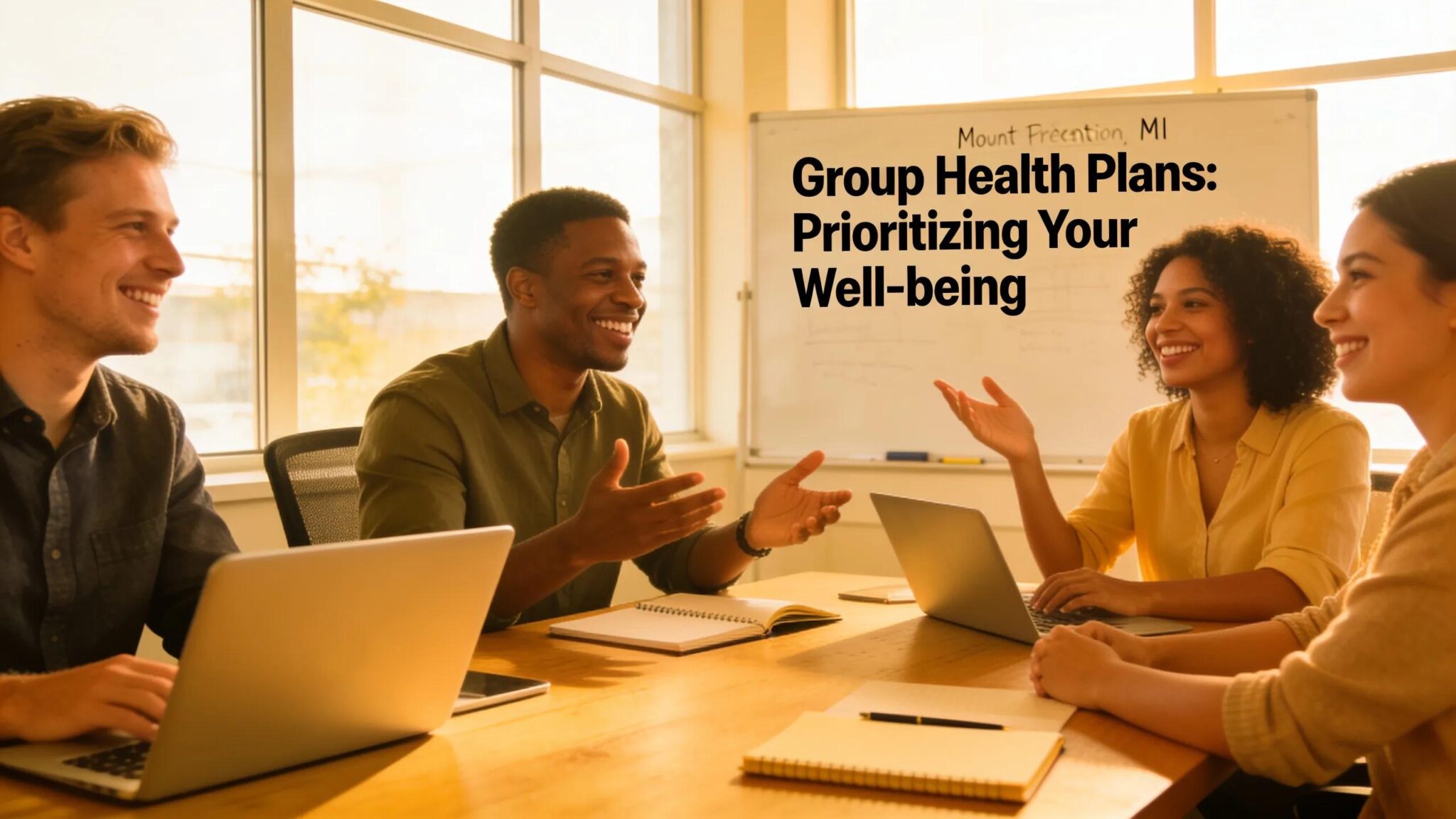 Diverse employees discussing employee benefits in a warm office environment, underscoring the importance of health plans