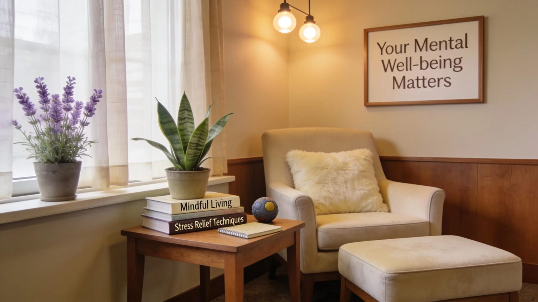 Calming wellness corner in a tech office promoting employee mental health and well-being