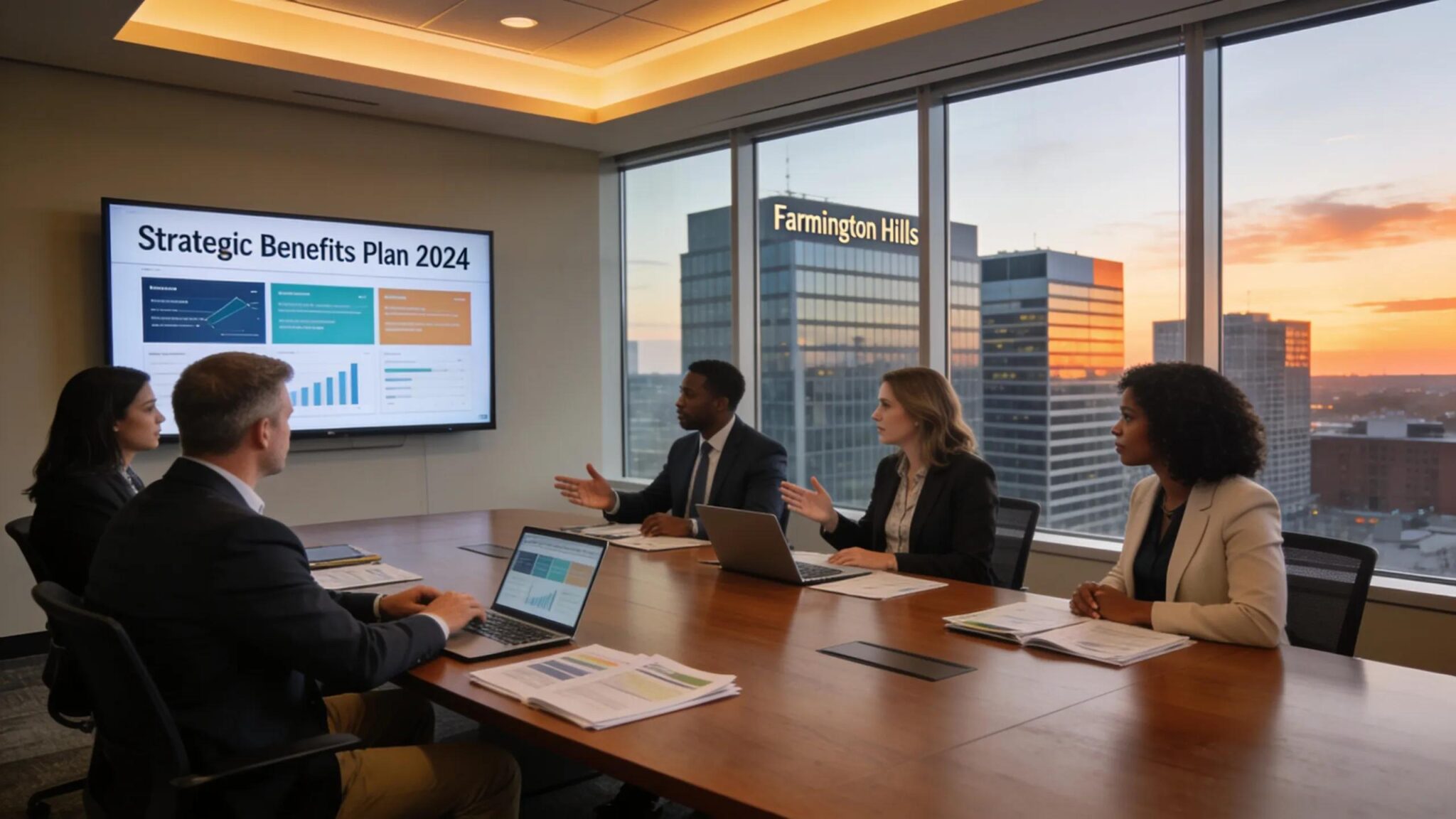 Executives discussing employee retention plans in a corporate conference room with skyline view