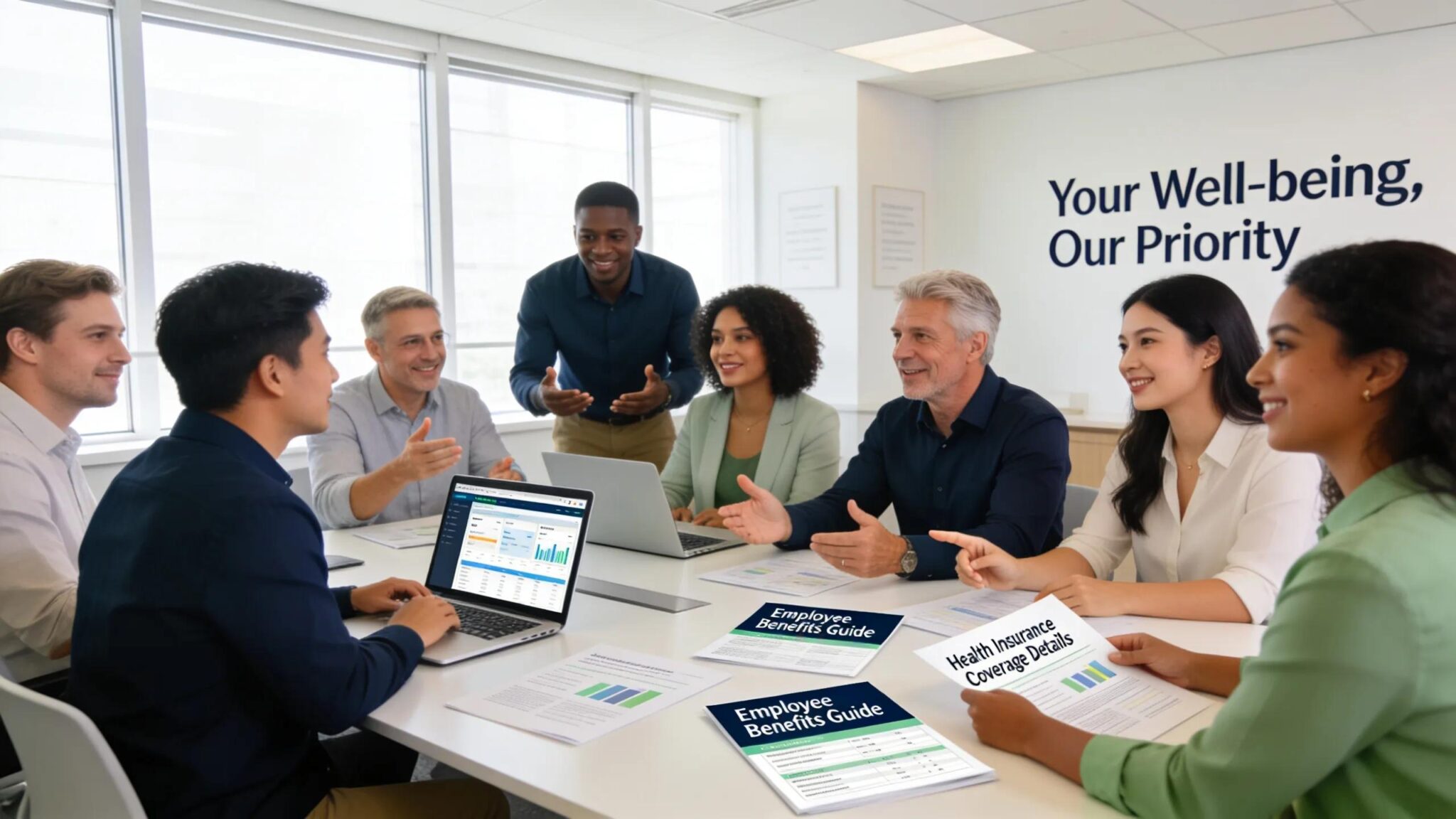 Group of business professionals collaborating on employee benefits strategies in an office