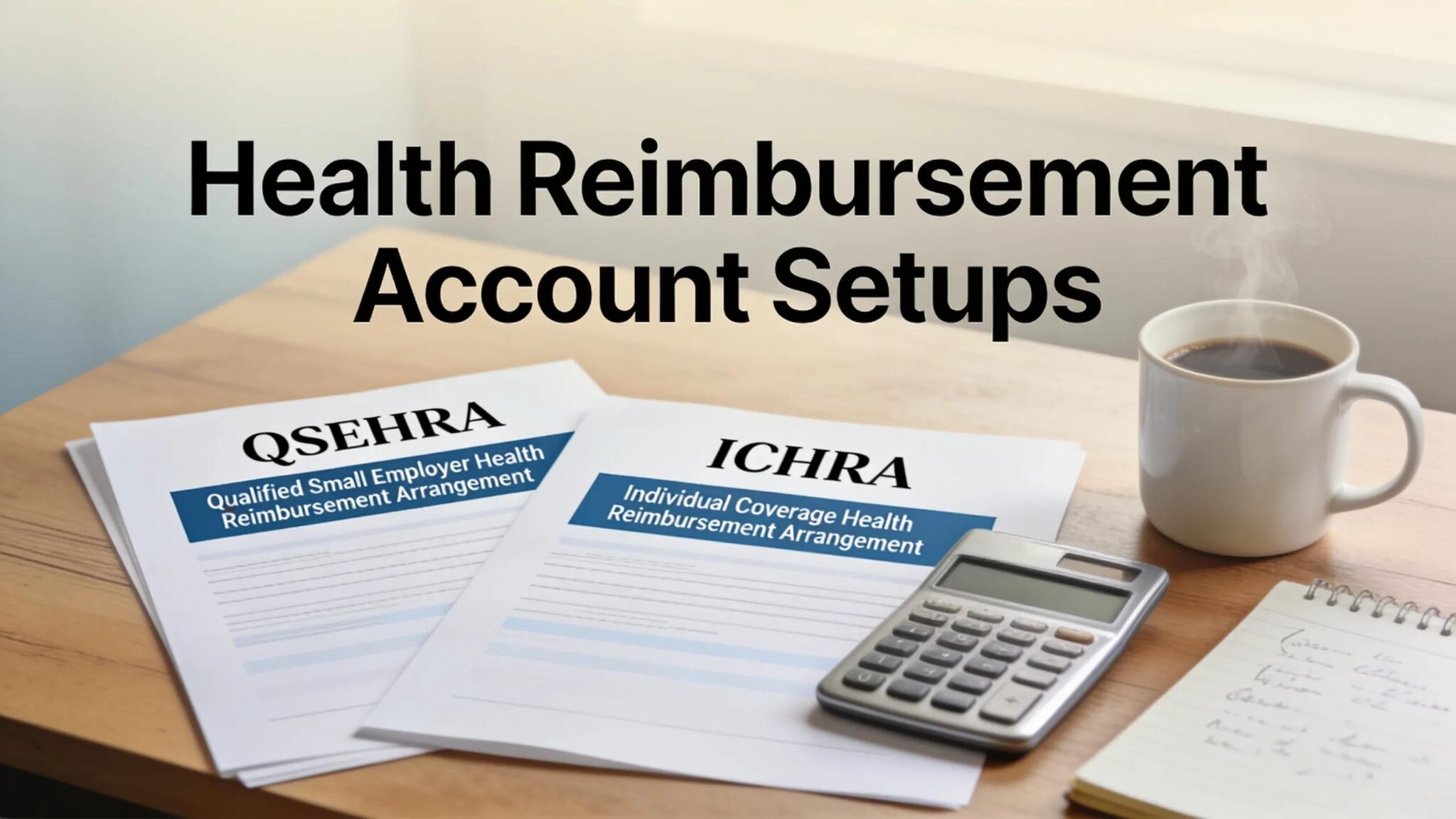 Desk setup showing health reimbursement account documents, calculator, and planning materials