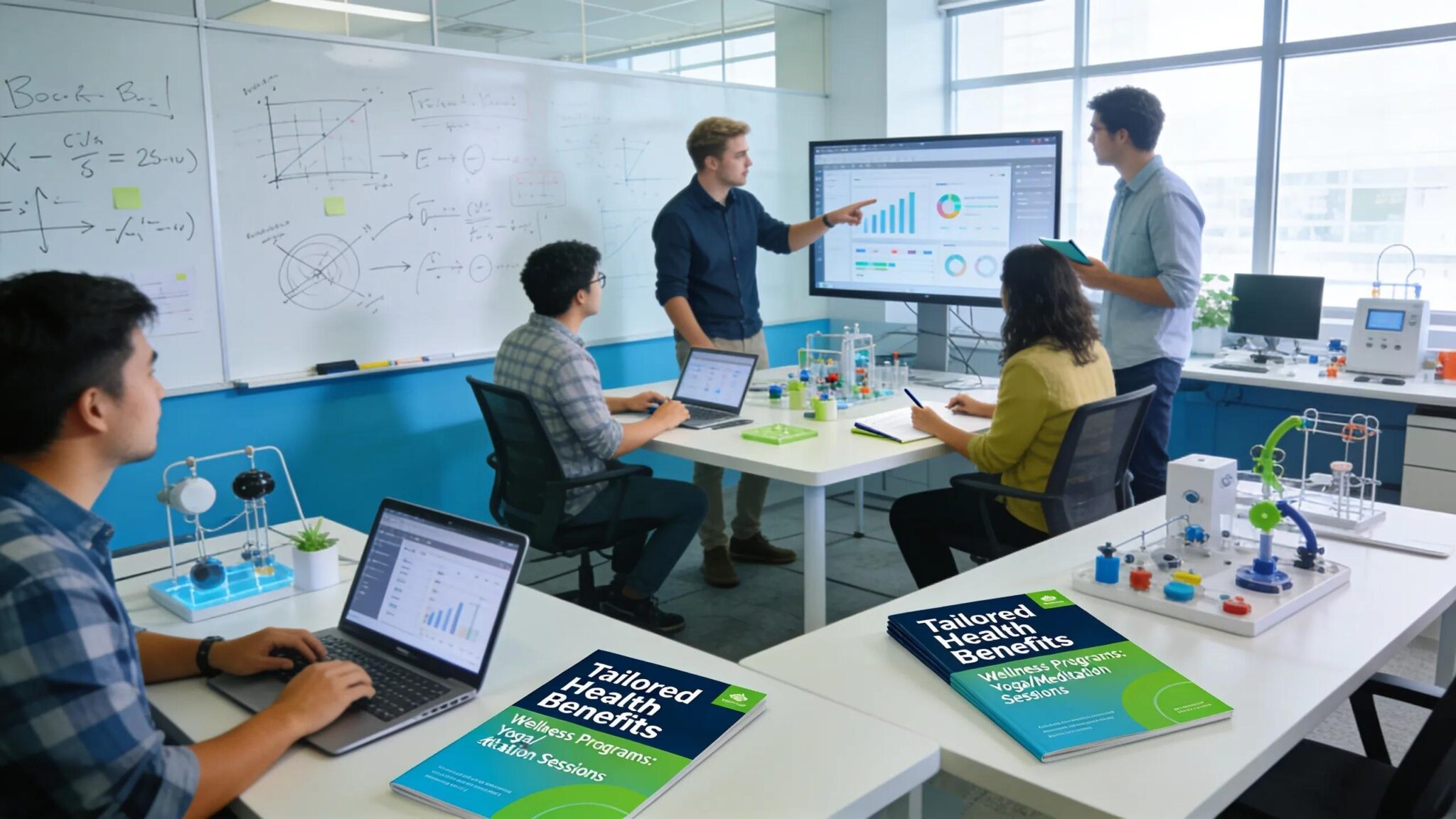 R&D employees in a dynamic workspace utilizing specialized group insurance options for enhanced productivity and satisfaction