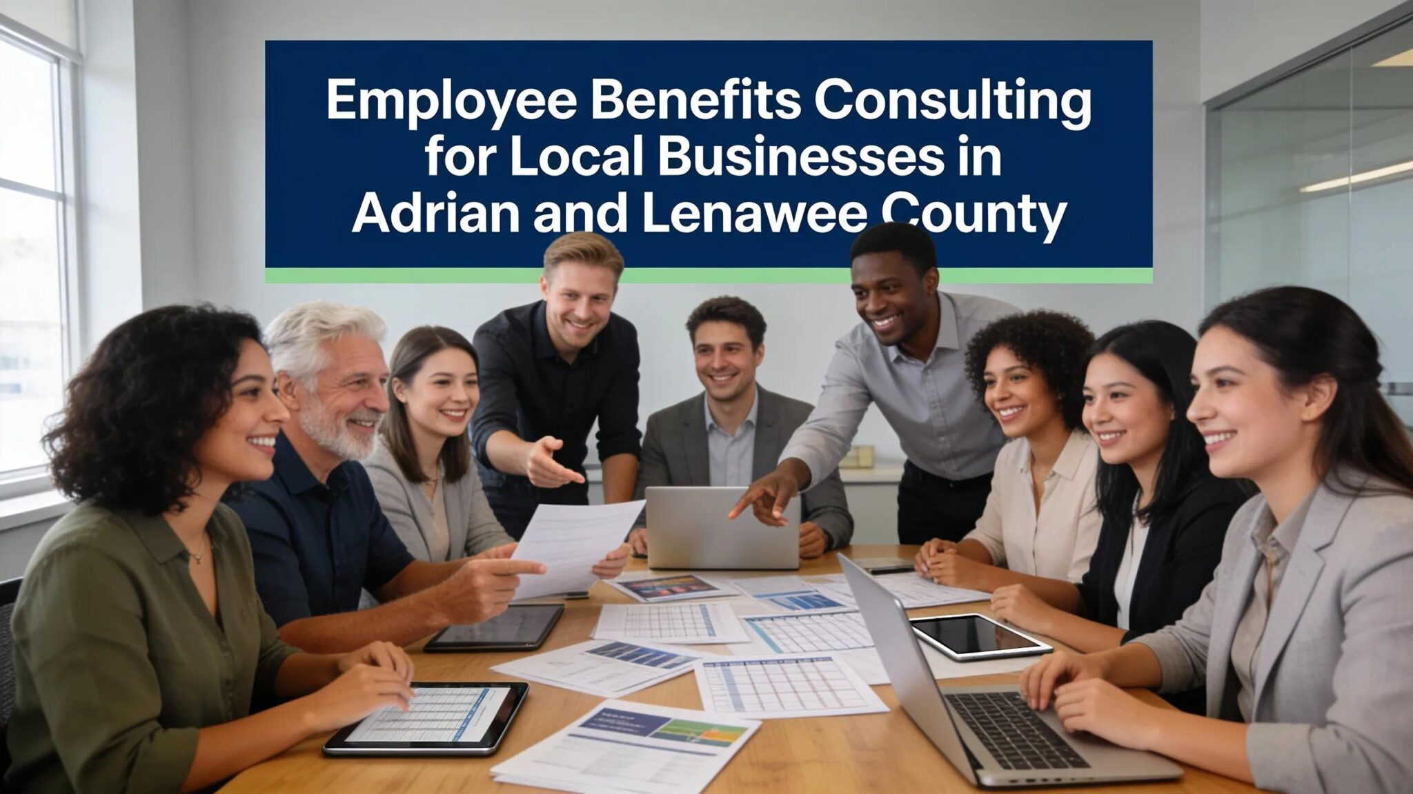 Diverse group of professionals discussing employee benefits in an office setting, highlighting consulting importance