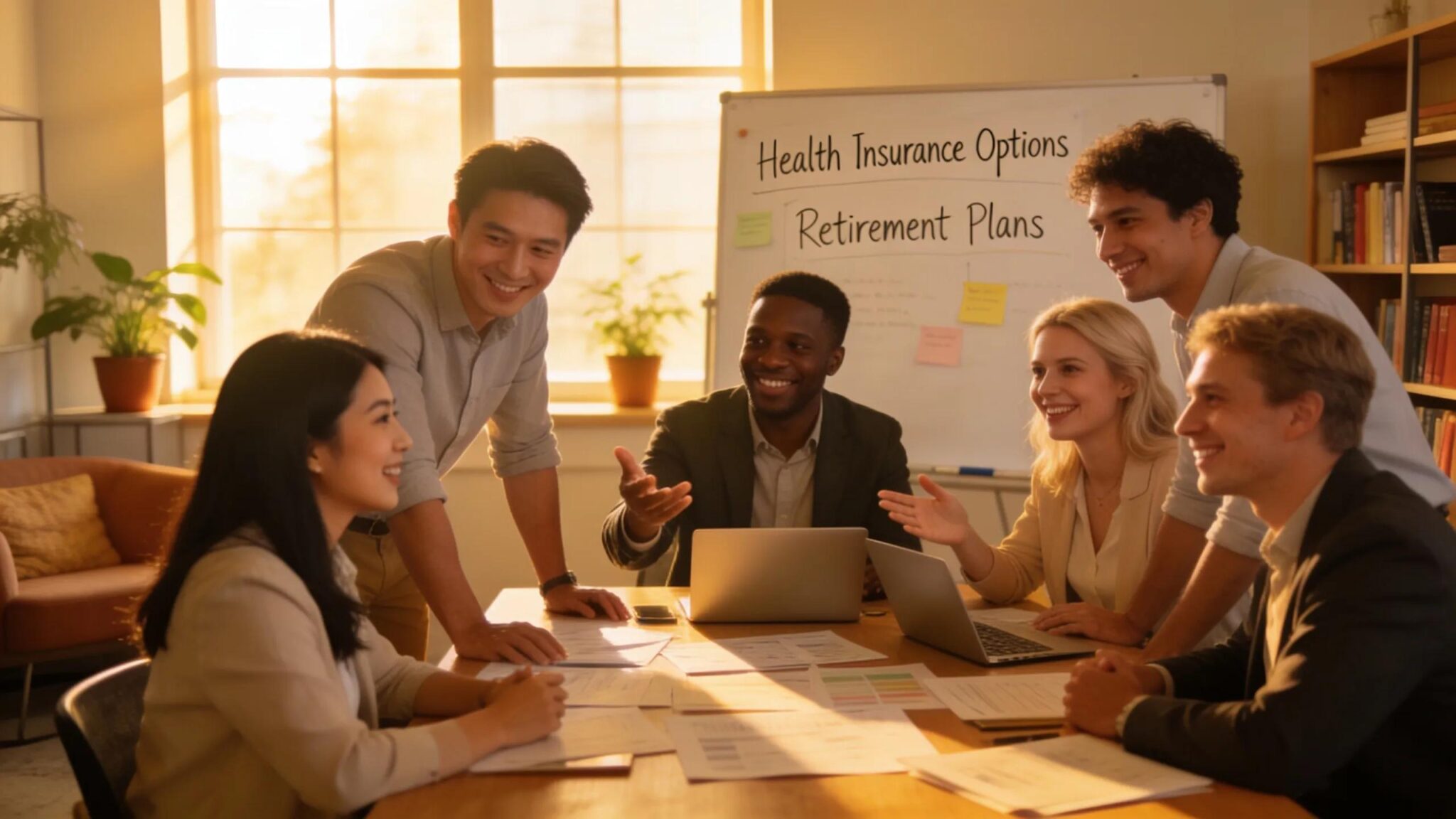 Diverse professionals collaborating on employee benefits consulting strategies in a modern office setting