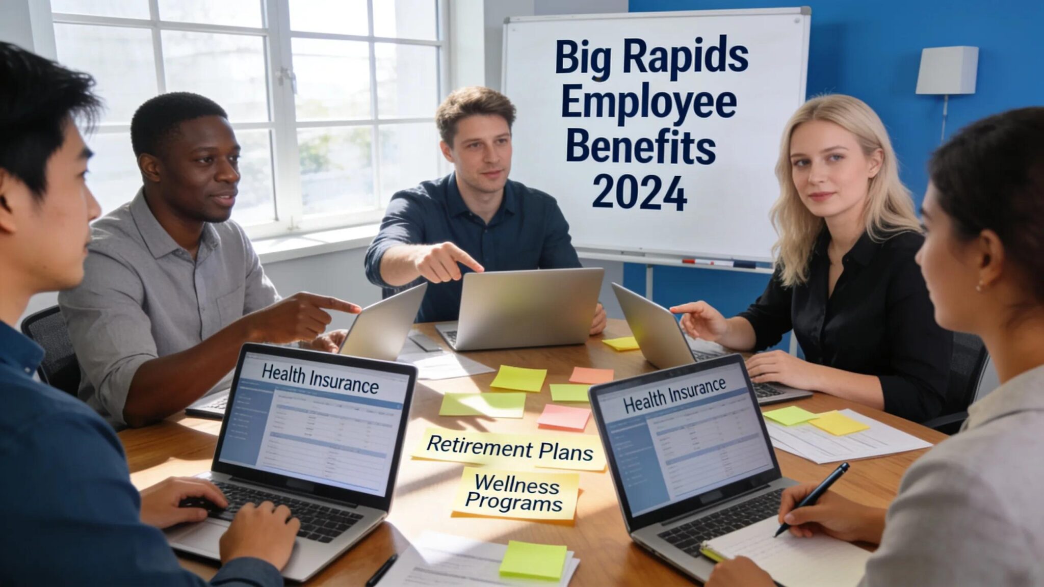 Diverse team discussing employee benefits solutions in a modern office setting