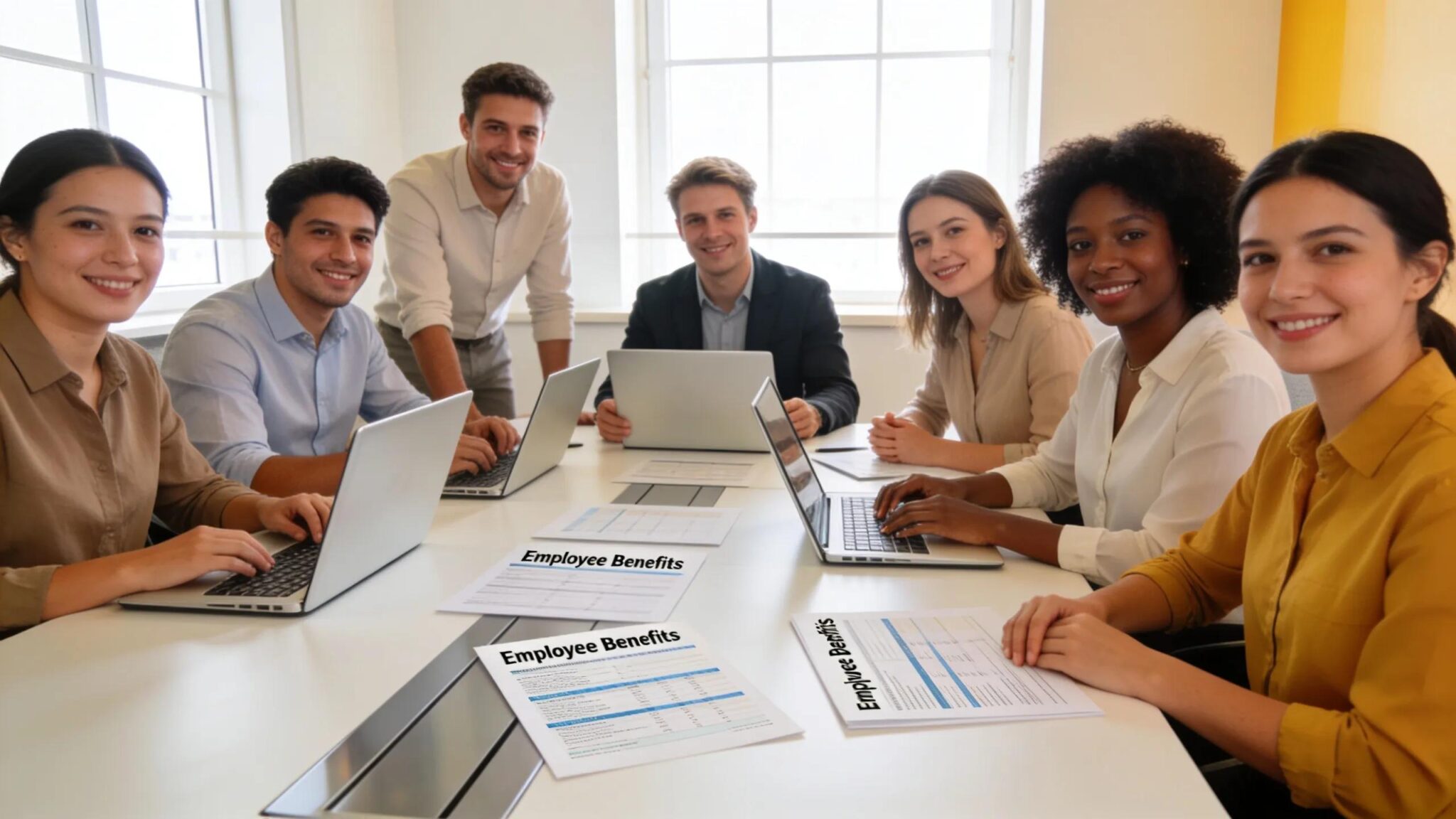 Business professionals collaborating on employee benefits strategies in a modern office setting