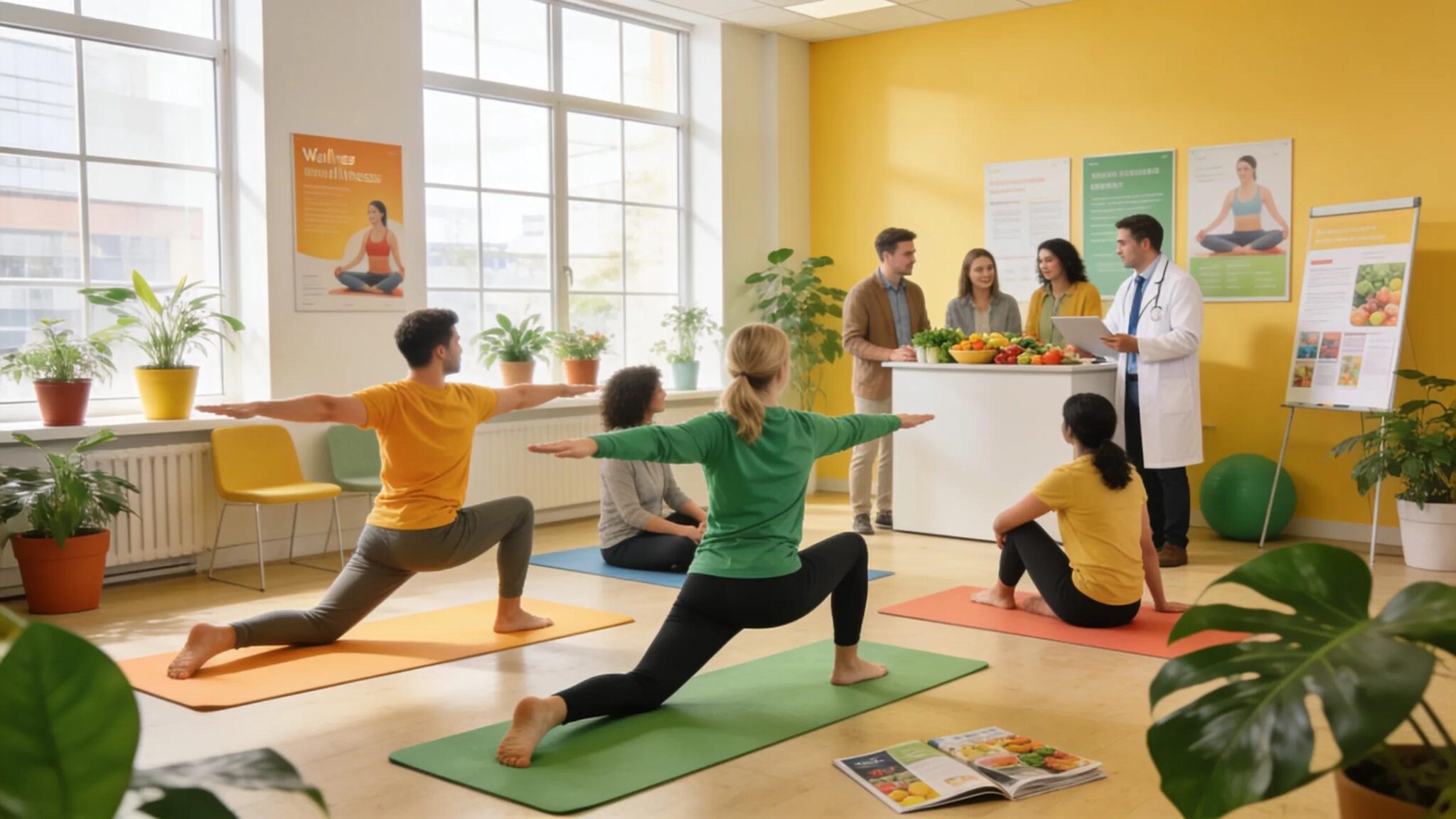 Employees engaging in a workplace wellness program, promoting health and well-being in a lively office setting