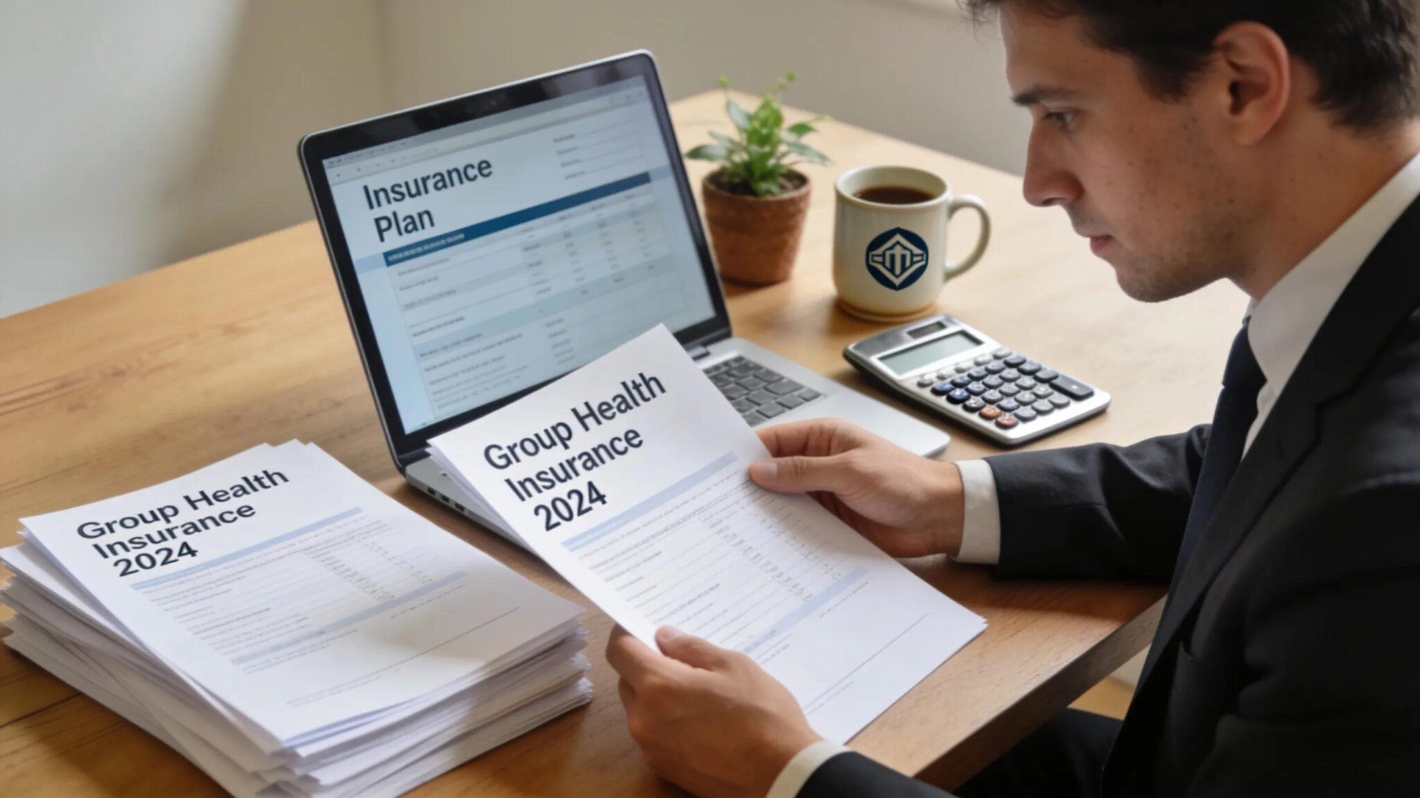 Professional analyzing documents related to level-funded health plans in a well-organized office setting