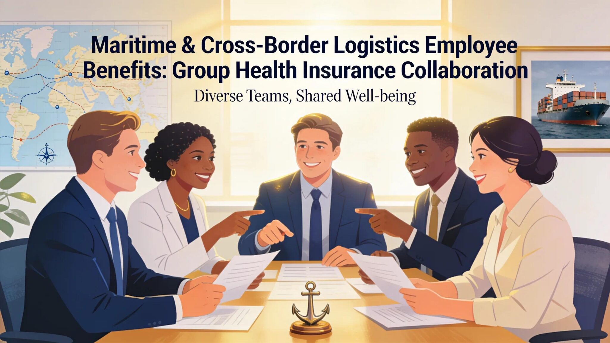 Diverse professionals discussing group health insurance in a maritime logistics office, reflecting collaboration and employee benefits themes