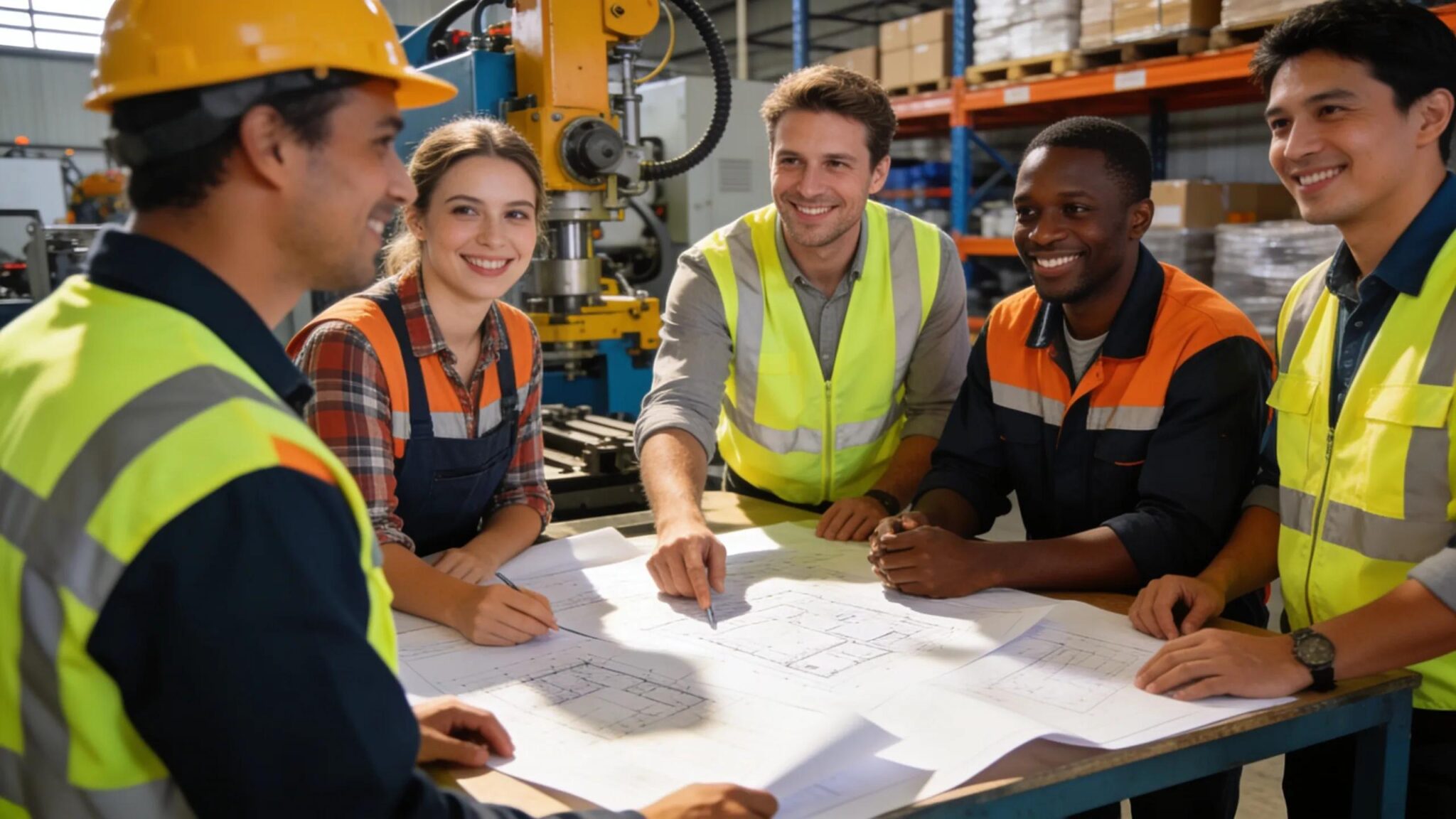 Diverse employees collaborating in a logistics and manufacturing environment, symbolizing employee benefits and teamwork