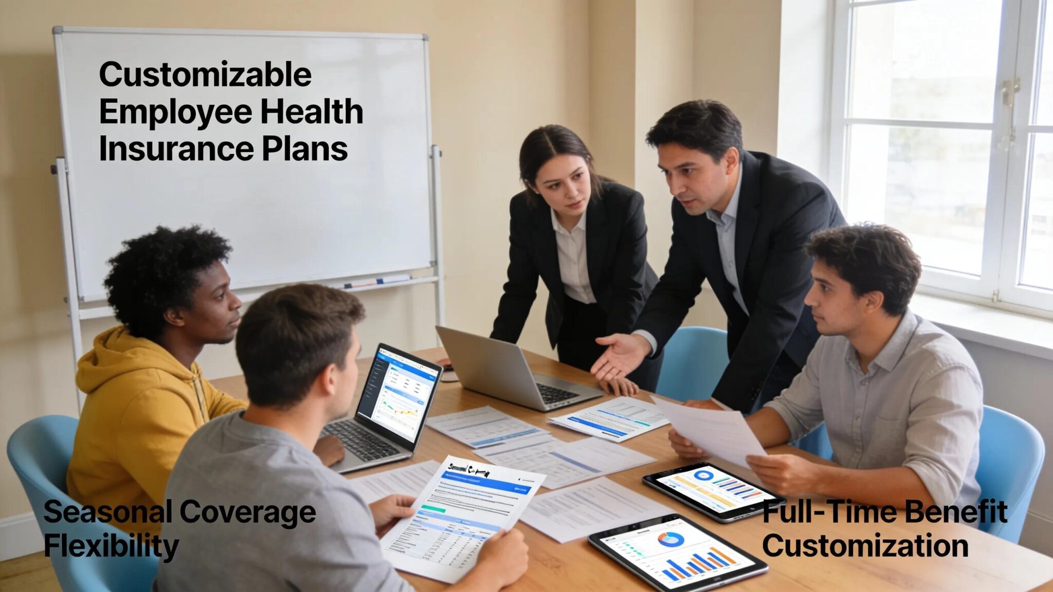 Employers reviewing flexible health insurance plans with consultants, showcasing employee-centric approach