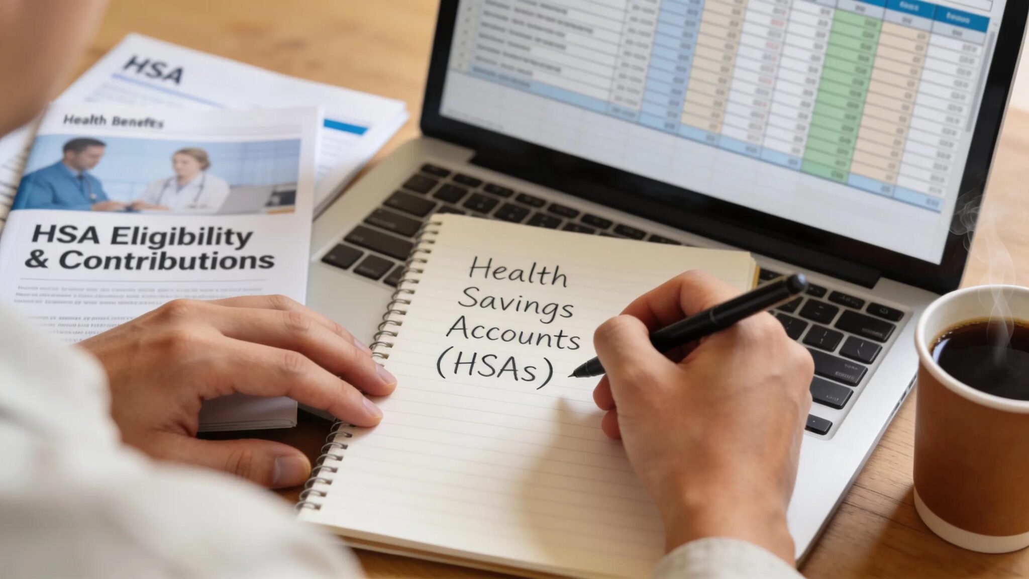 Hands taking notes on Health Savings Accounts during a focused meeting, highlighting the significance of proactive healthcare expense management.