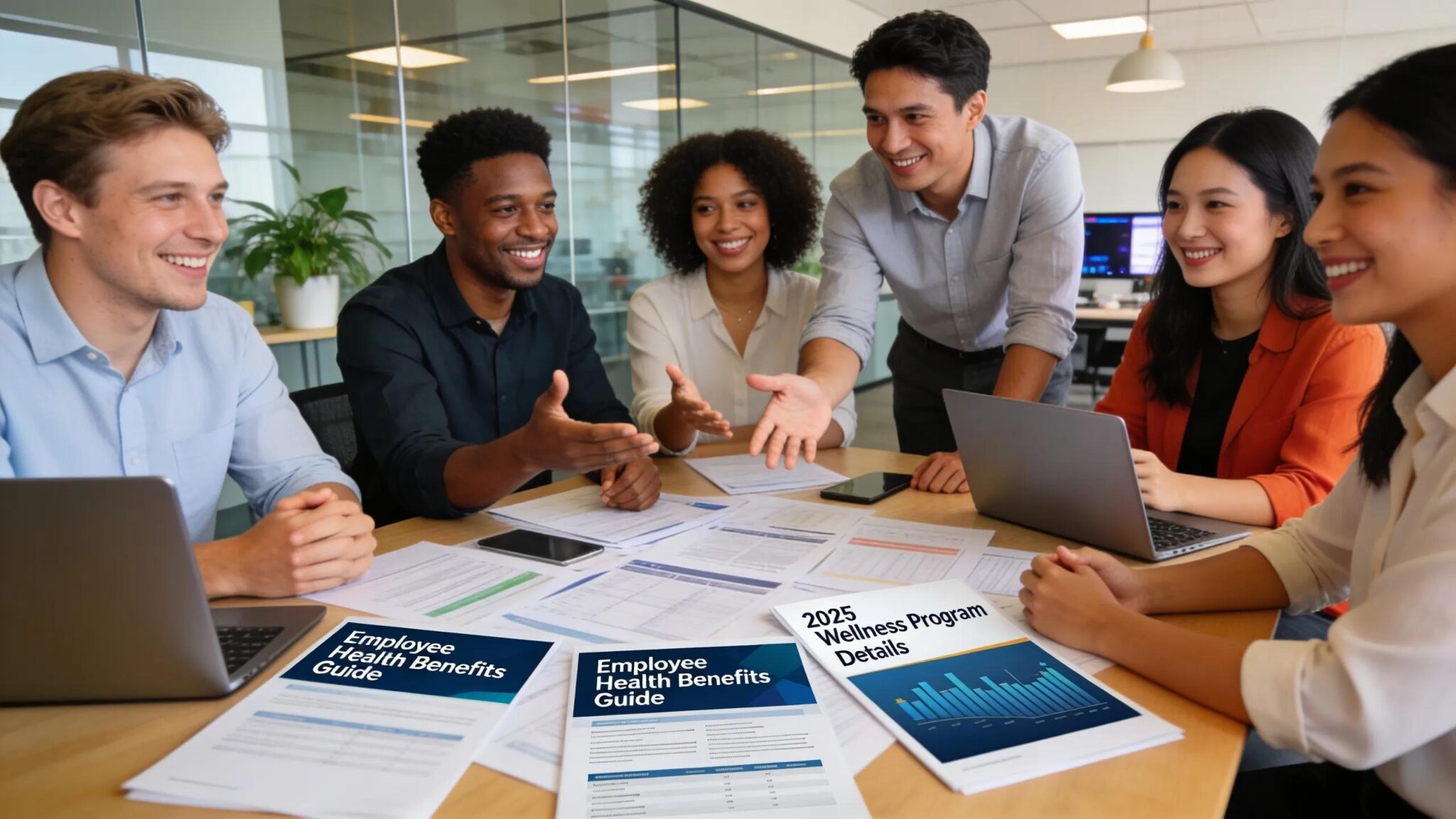Diverse employees collaborating on optimizing group health insurance benefits in a professional office