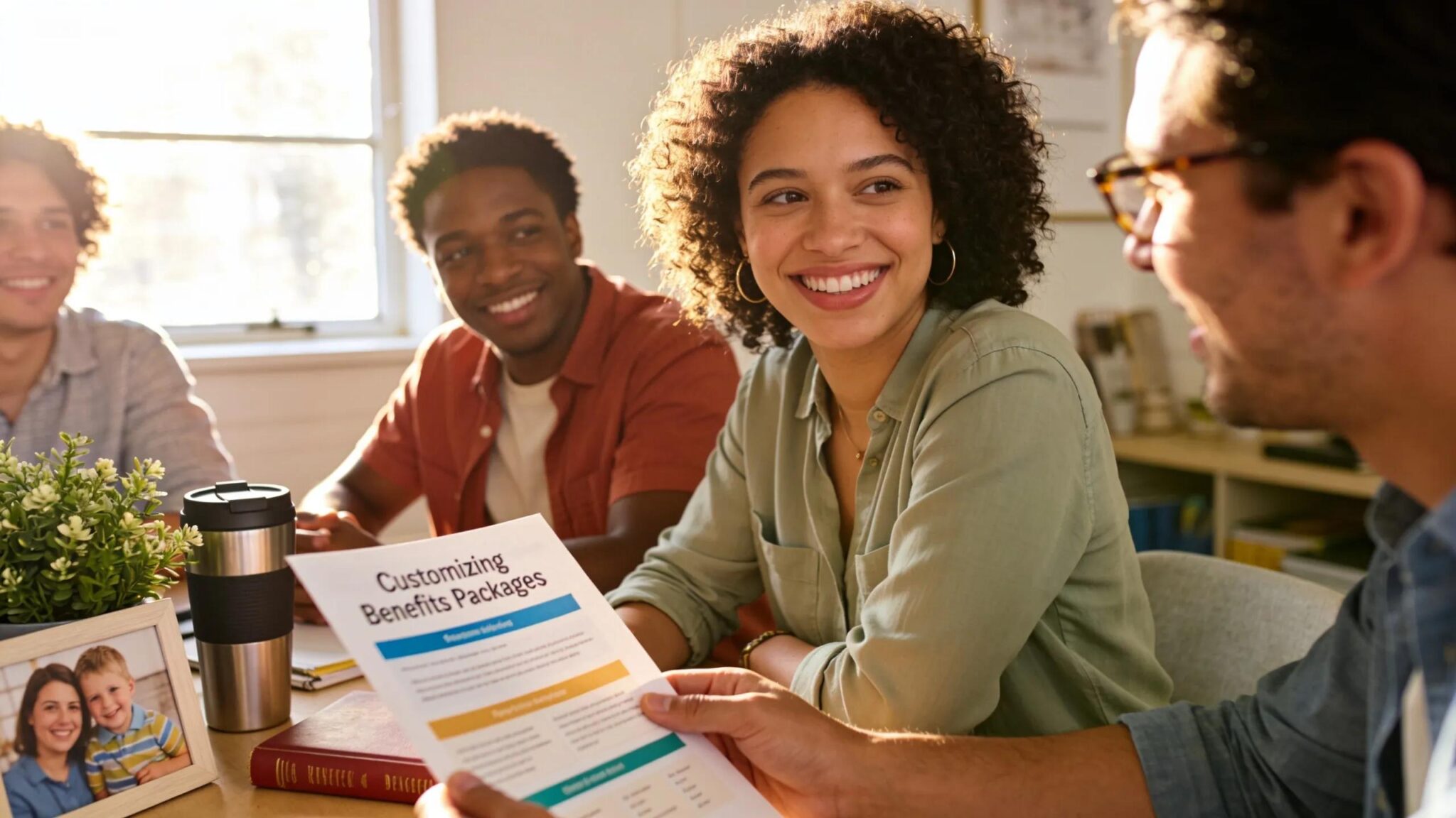 Employees interacting to customize employee benefits packages at work