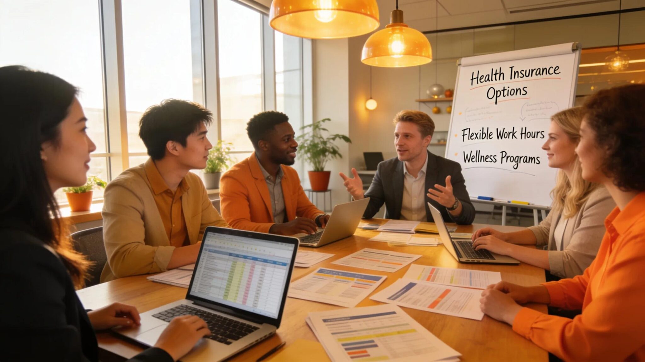 Professional consultation on employee benefits with diverse group in modern office setting