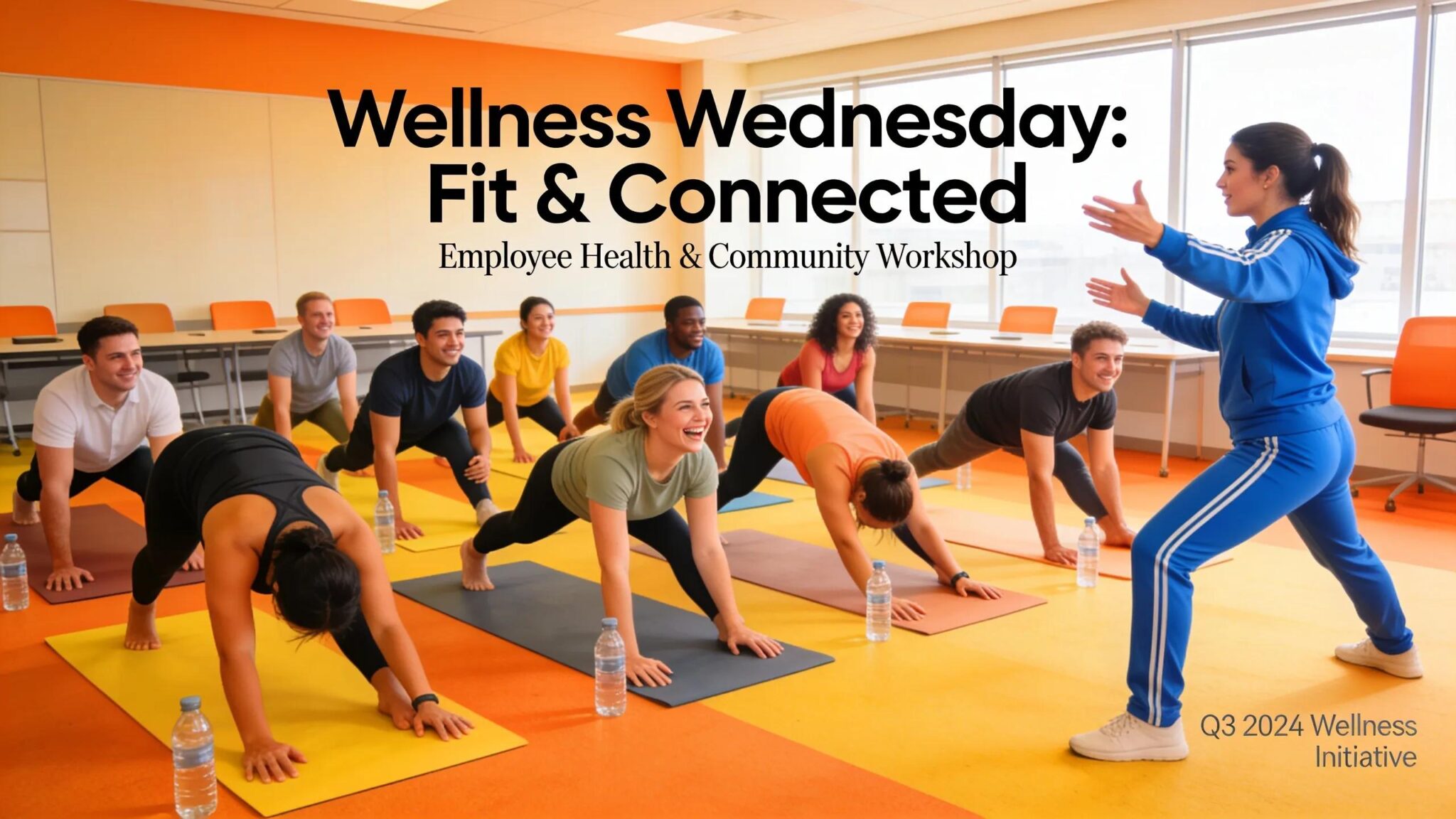 Employees participating in a workplace wellness program promoting health benefits and teamwork