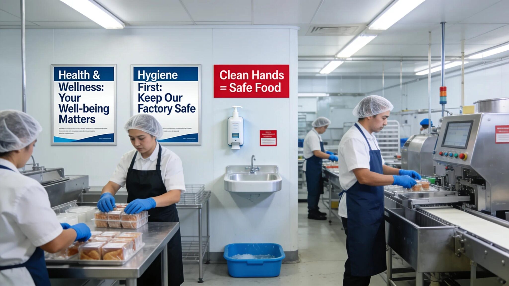 Employees working in a food manufacturing setting highlighting safety and health measures