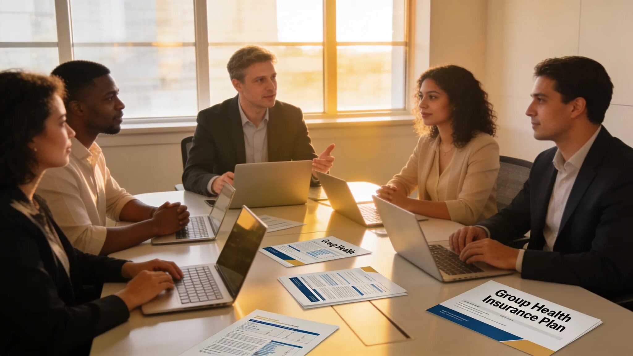 Business professionals discussing employee benefits brokerage in a modern office