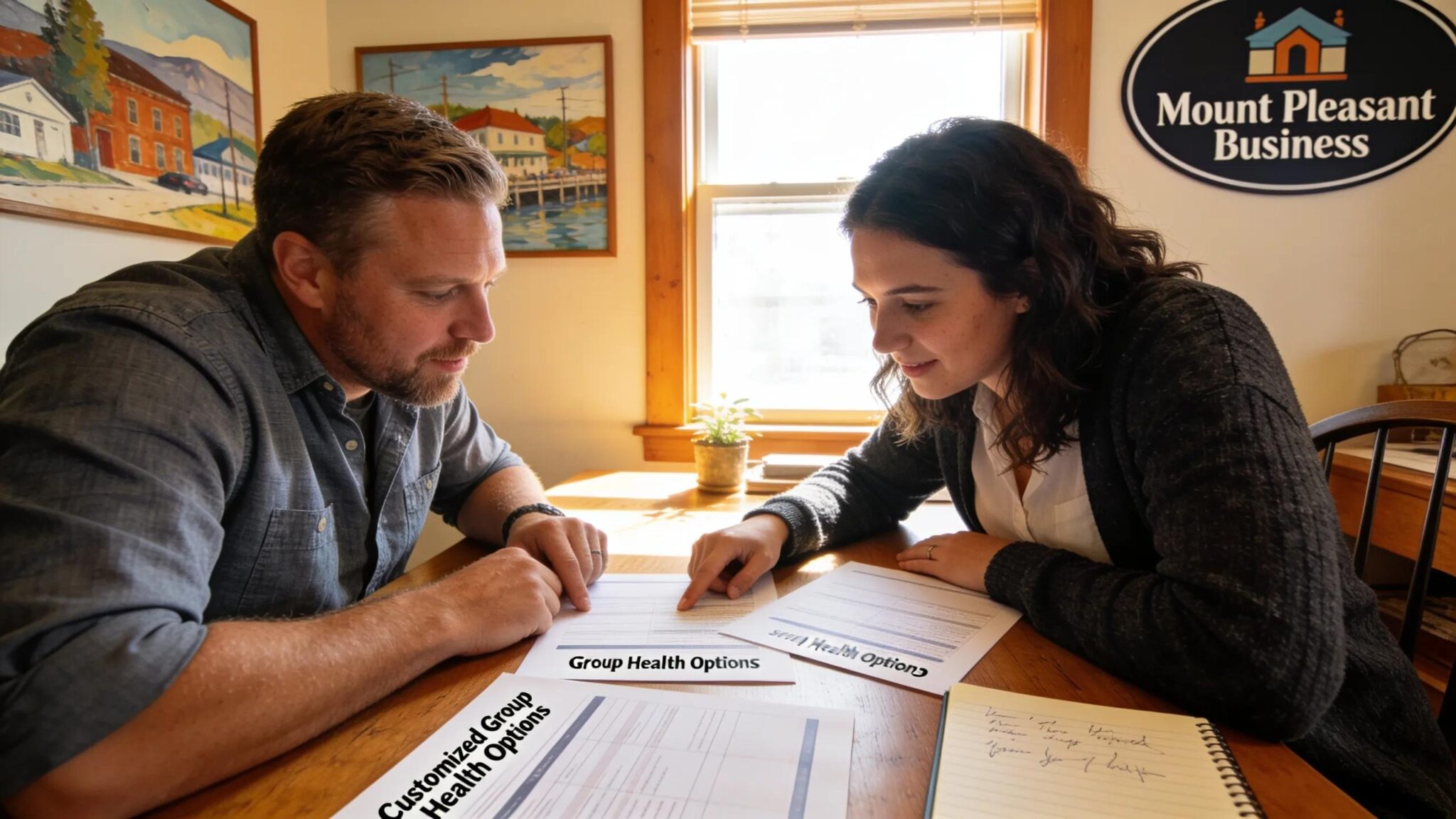 Small business owner and employee reviewing customized health plan options, showcasing personalization in employee benefits