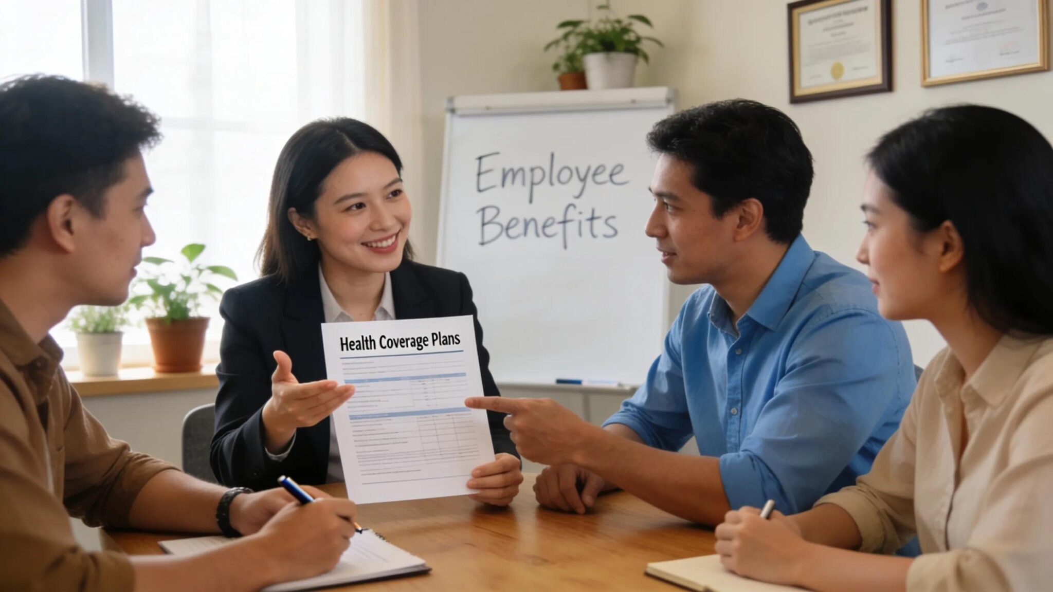 A consultant guiding small business owners through group health insurance options in a friendly office environment