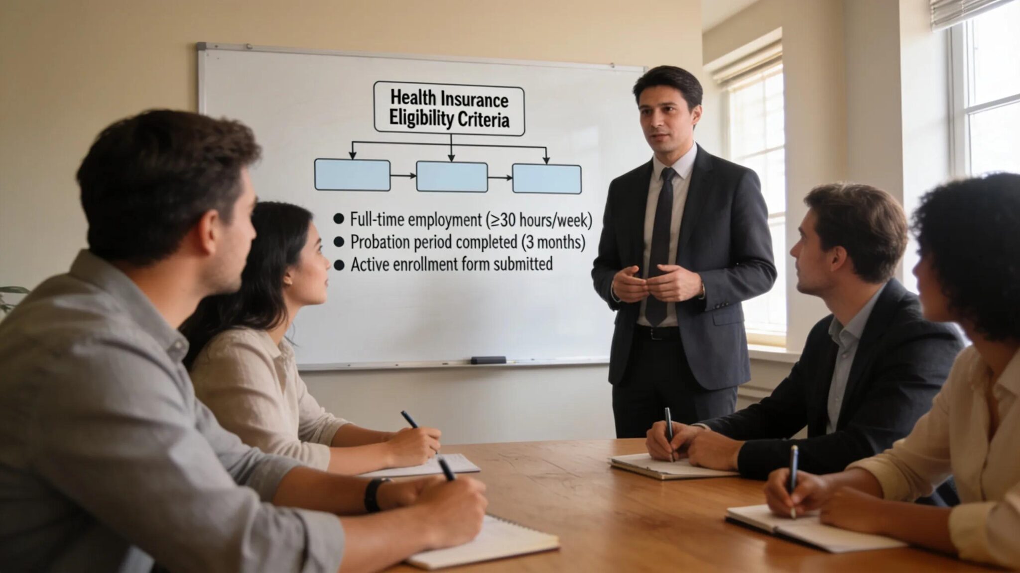 Human resources manager explaining eligibility requirements for group health insurance to employees in a meeting room