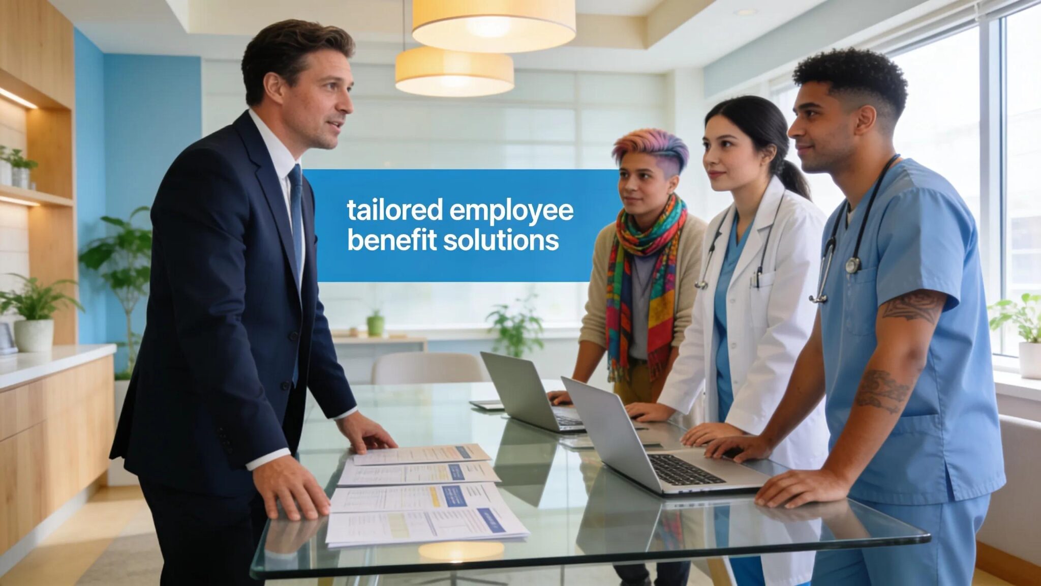 Healthcare consultant discussing customized employee benefits solutions with medical professionals in a modern office setting
