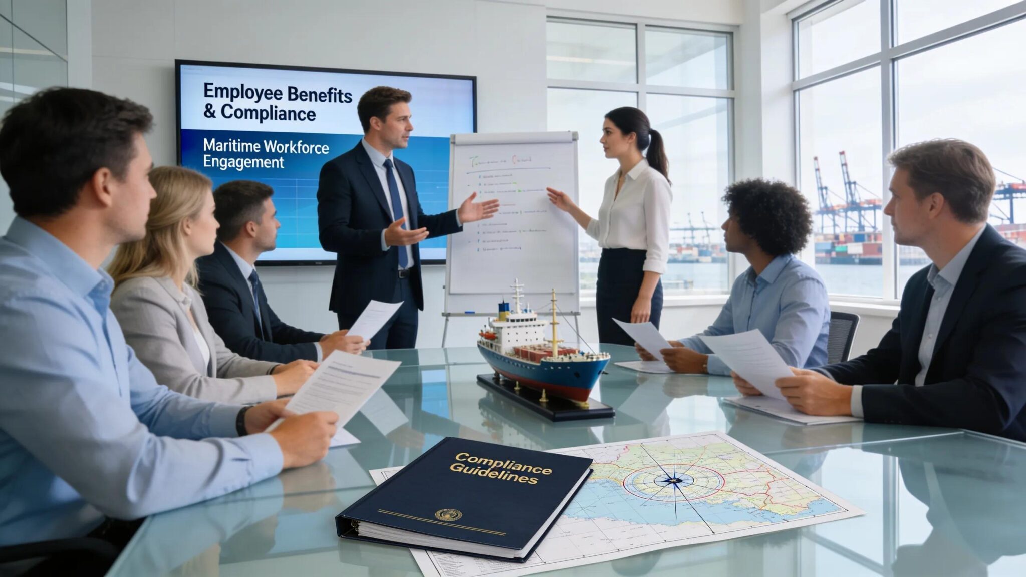 Consultants meeting with maritime logistics professionals to discuss employee benefits and compliance strategies, highlighting consulting services