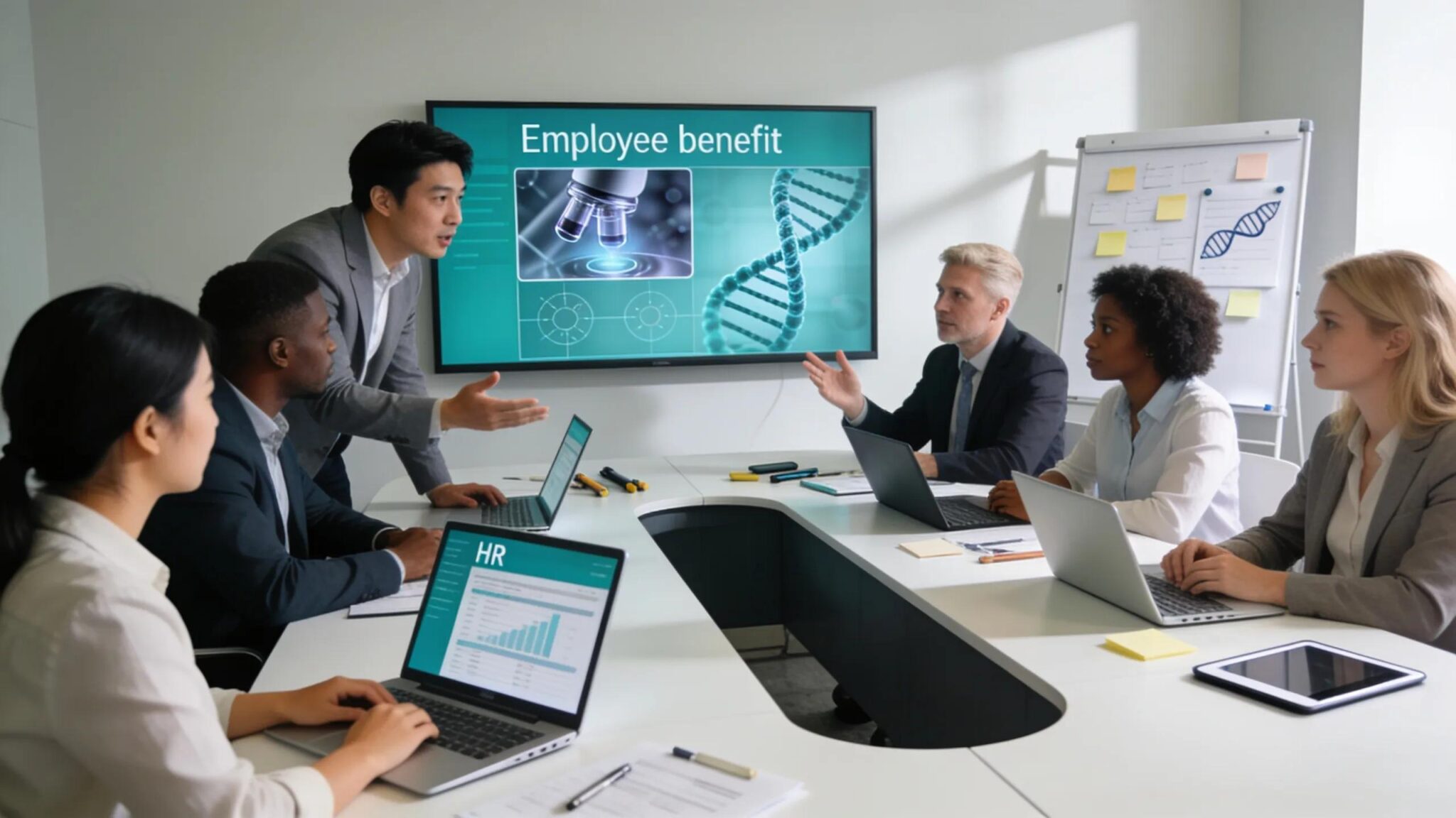 Employees collaborating on employee benefits in a professional life sciences workspace