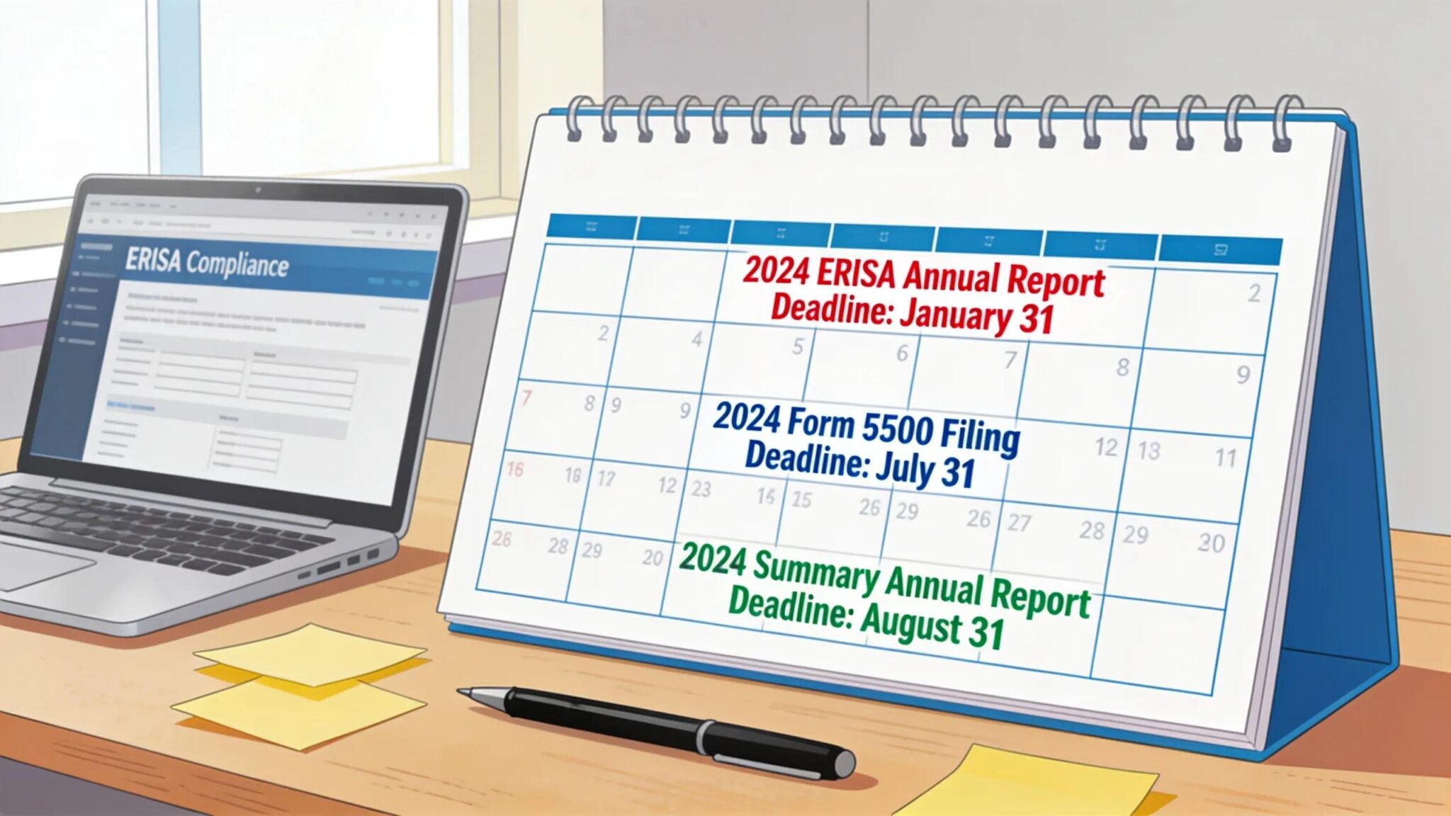 Calendar marking key ERISA reporting deadlines for Michigan employers