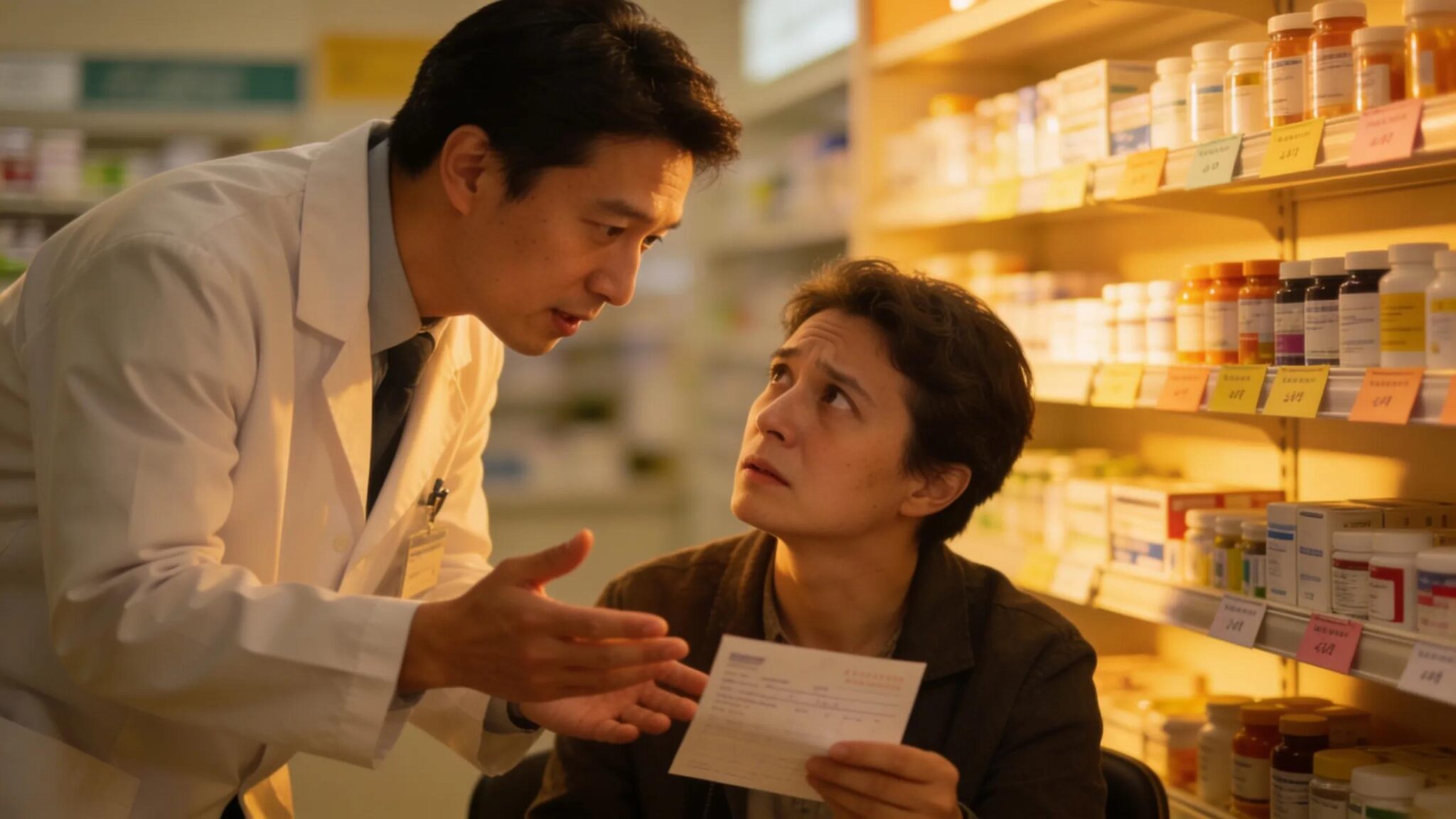 Healthcare professional consulting with a patient about specialty drugs in a pharmacy setting
