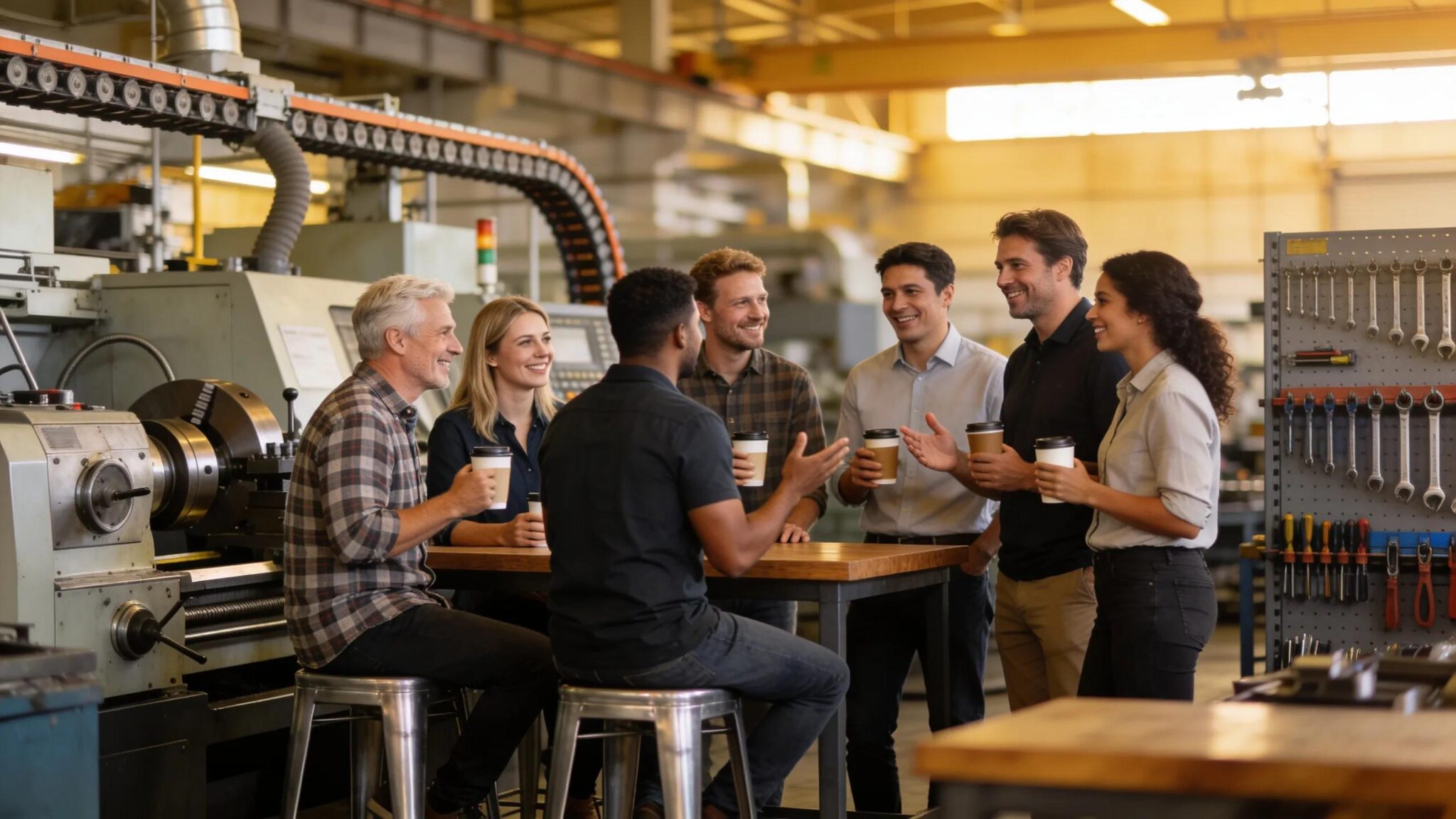 Group of diverse manufacturing employees discussing health benefits in a collaborative atmosphere