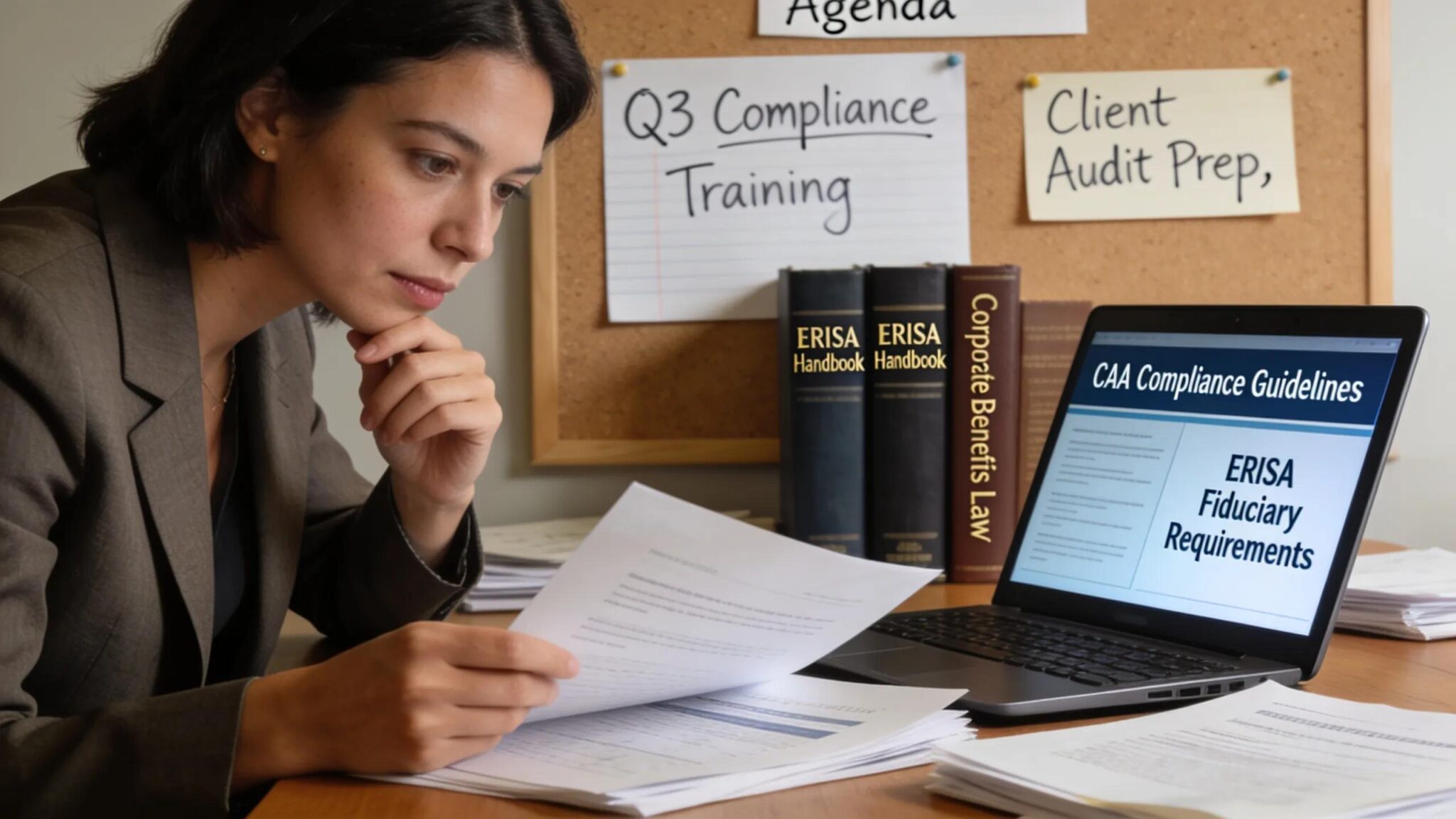 Benefits consultant reviewing compliance documents for CAA and ERISA in an office