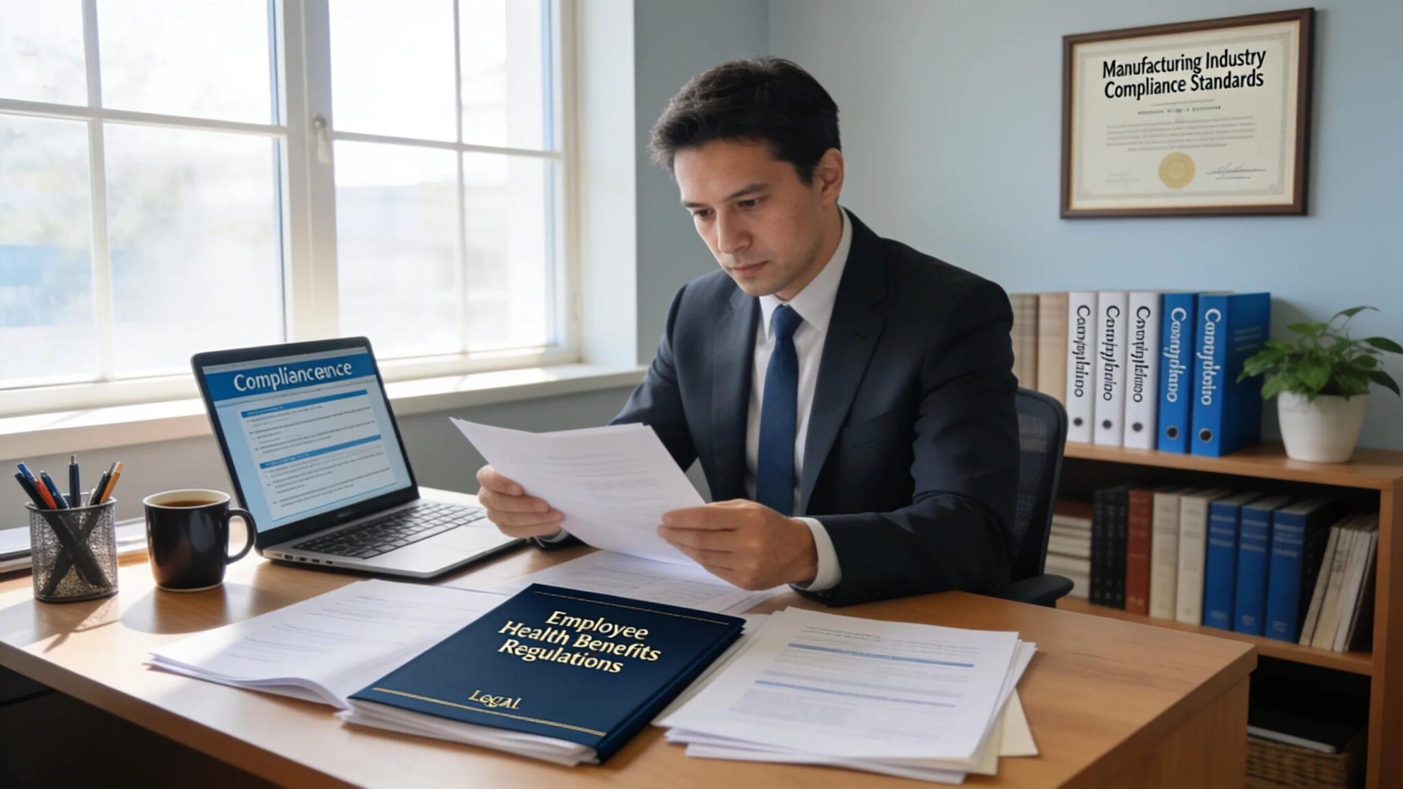 Compliance officer reviewing regulations related to group health insurance