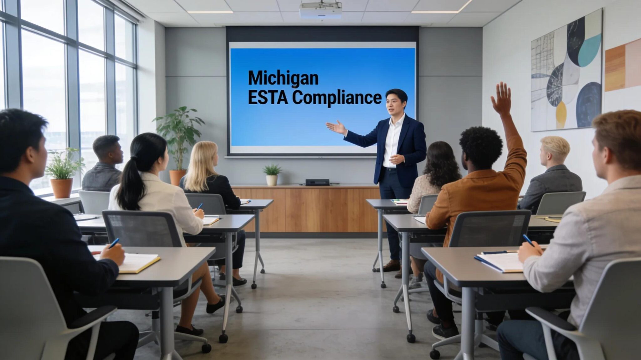 Office training session on Michigan ESTA compliance with employees engaged in learning