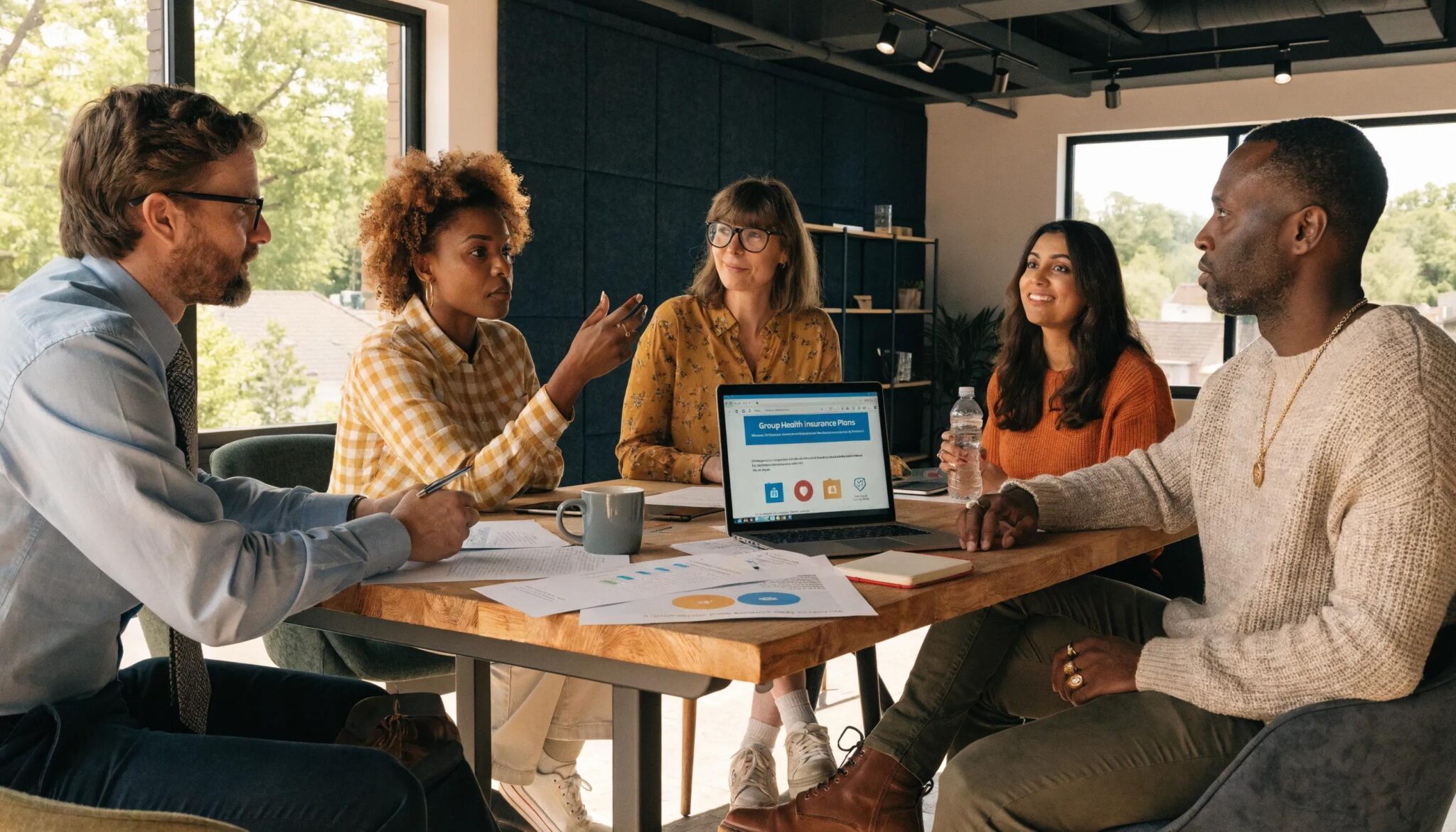 Group of diverse professionals discussing employee benefits plans in a Fenton office